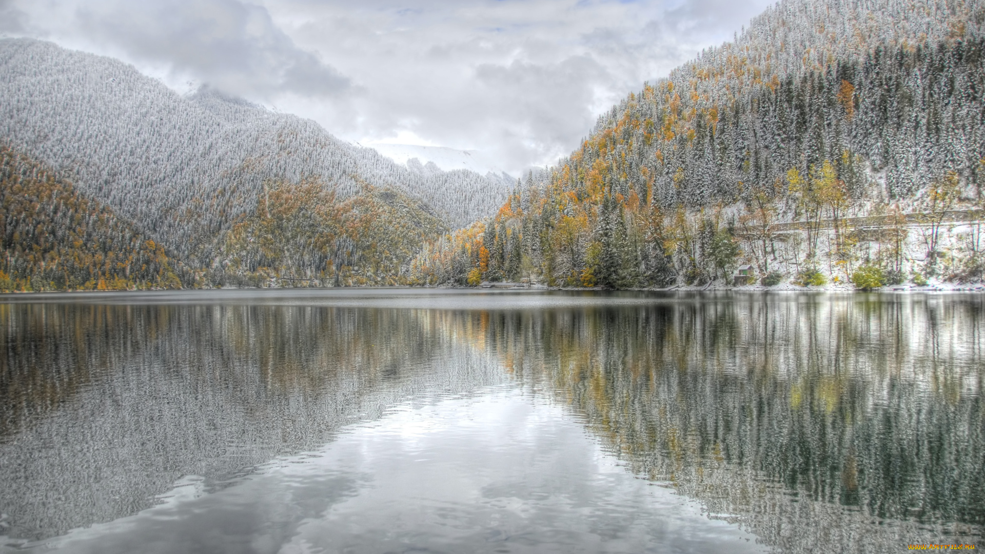 природа, реки, озера, зима, горы, рица, озеро, абхазия