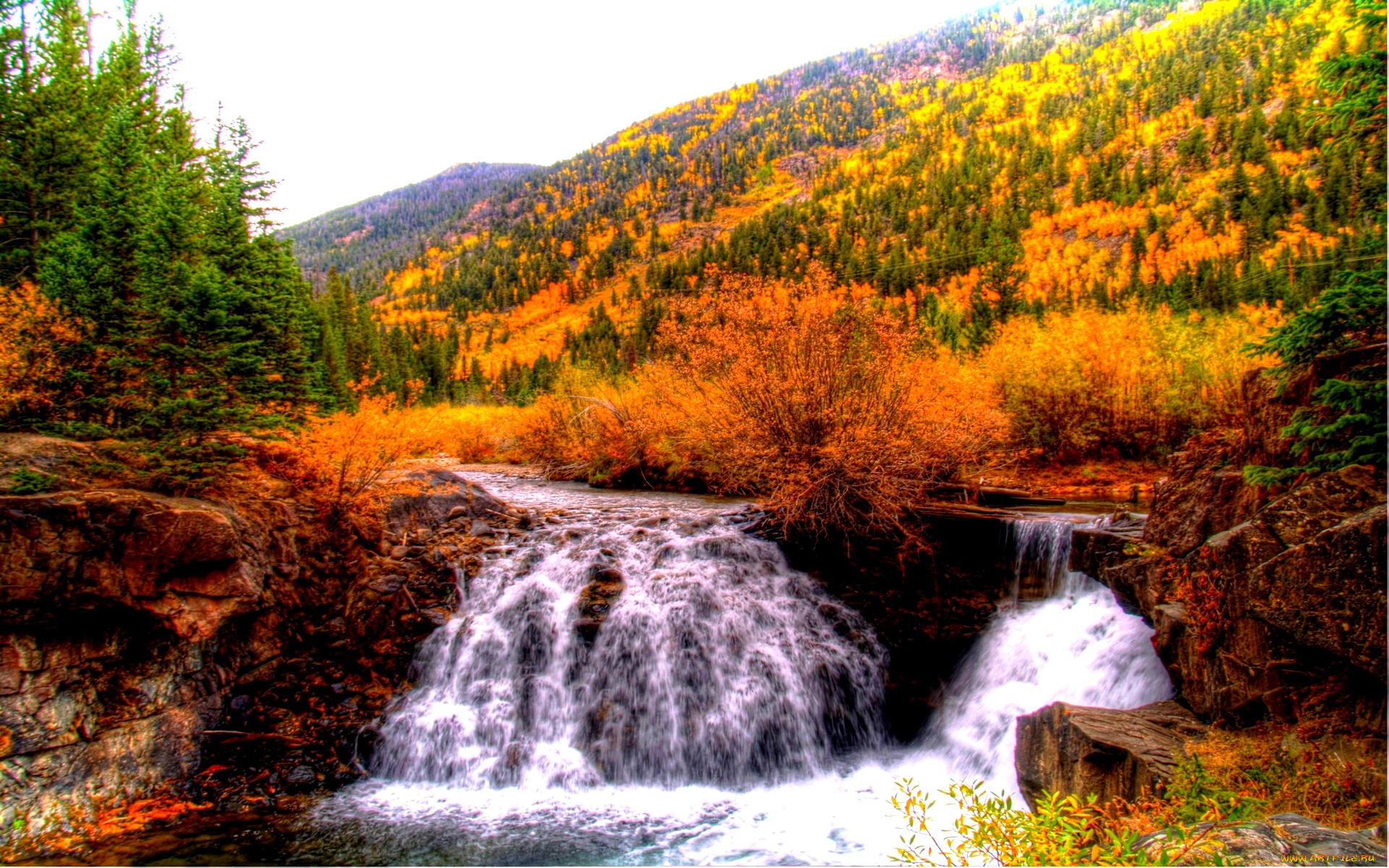 dual, waterfalls, природа, водопады, река, осень, водопад, лес