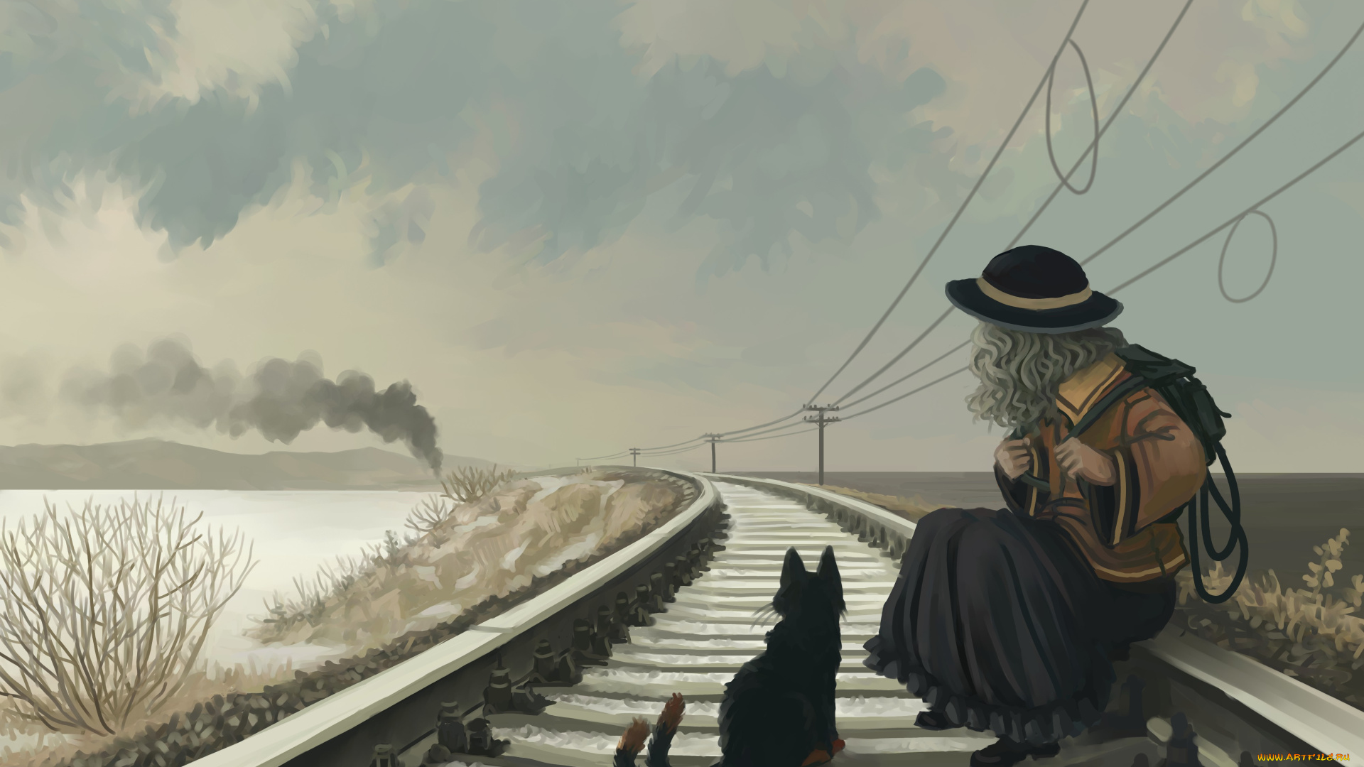рисованные, люди, поезд, кошка, взгляд, девушка