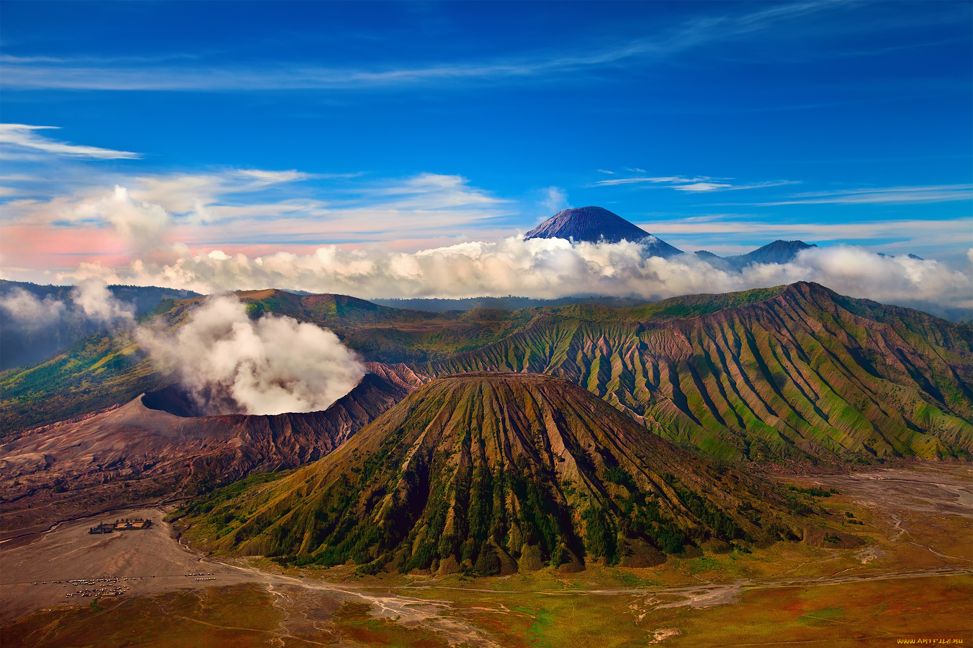 природа, горы, действующий, вулкан, бромо, Ява, небо, индонезия, облака, вулканический, комплекс-кальдеры, тенгер, tengger
