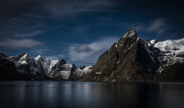 Картинка природа реки озера лофотенские острова небо ночь море снег скалы норвегия архипелаг
