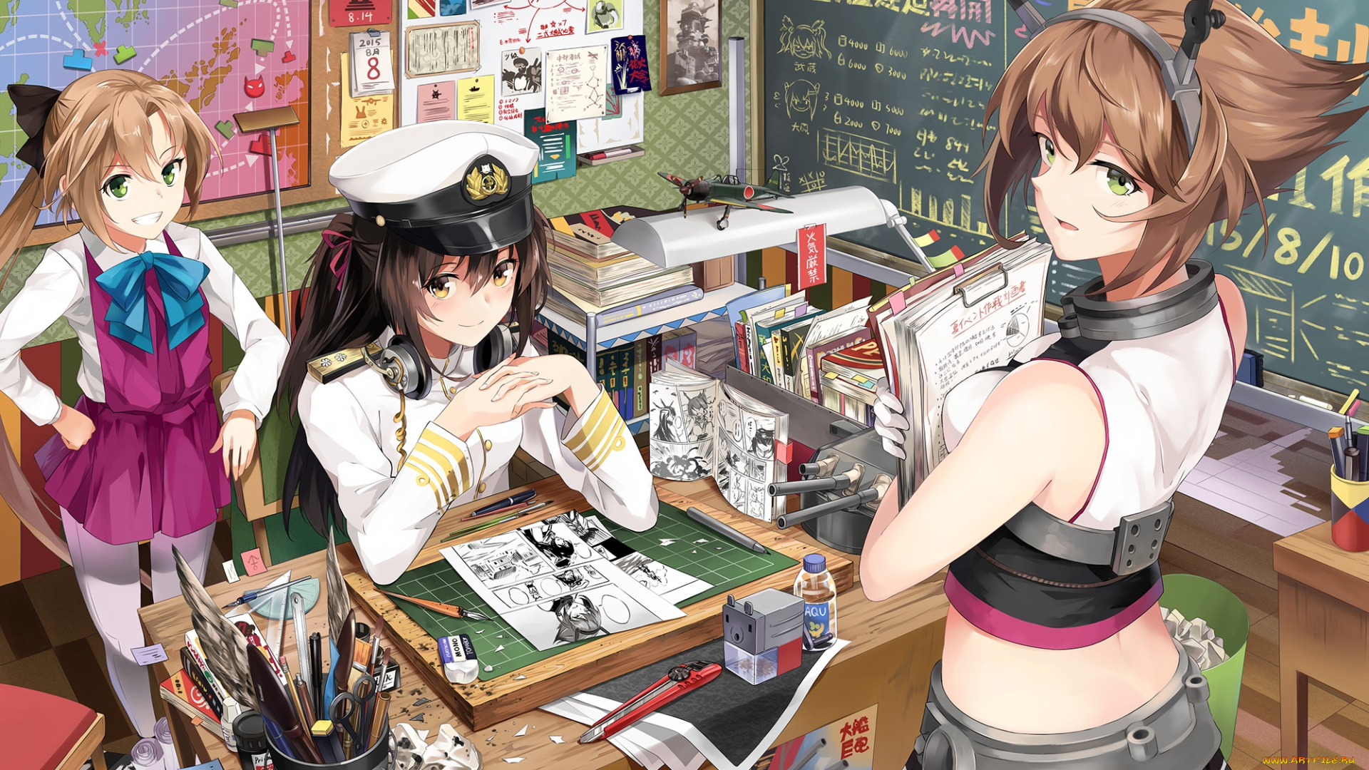 аниме, kantai, collection, стол, kancolle, admiral, neko, yanshoujie, арт, девушки, комната, mutsu, akigumo, бумаги, kantai, collection