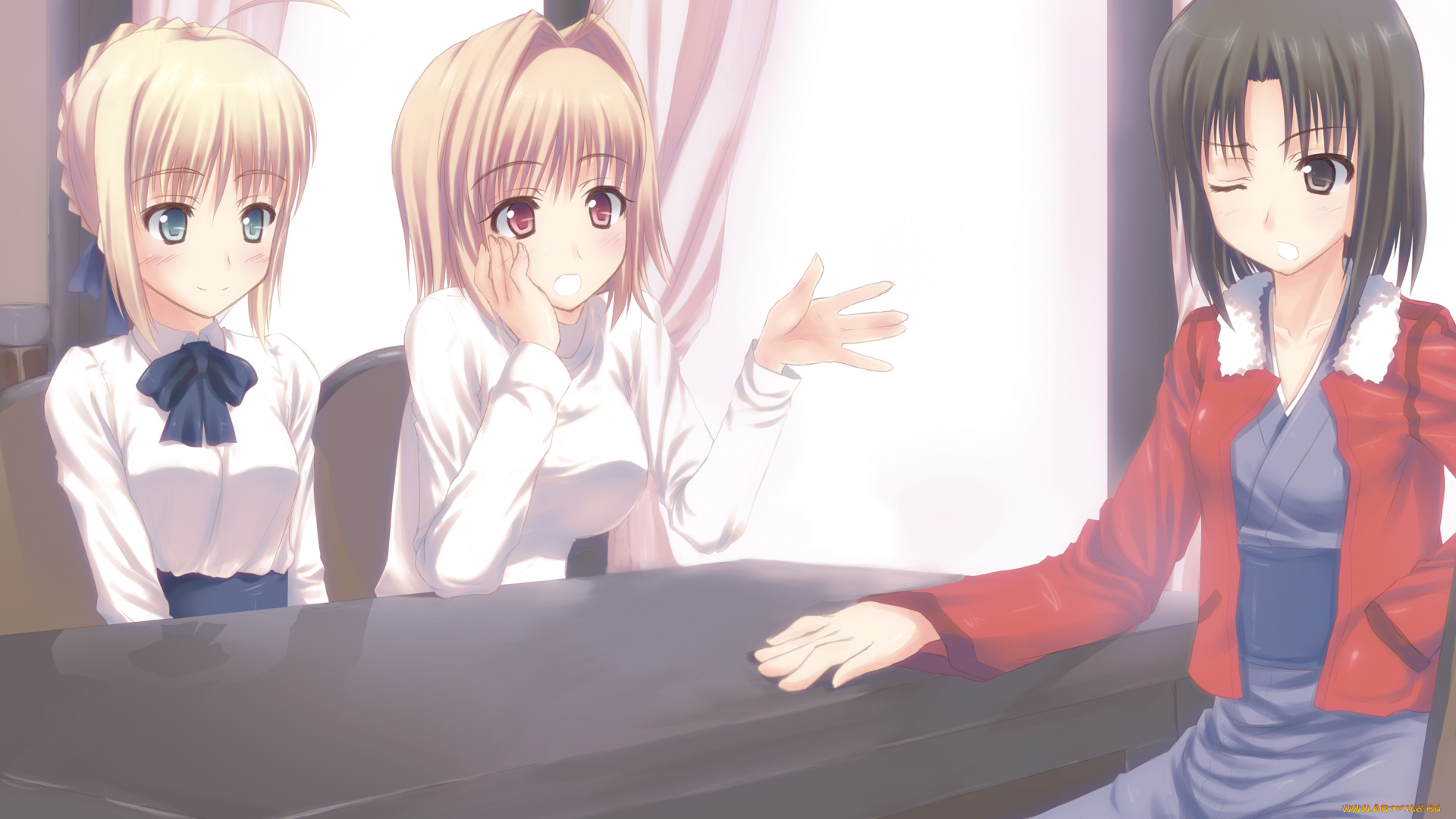 аниме, unknown, , другое, shingetsutan, tsukihime, kara, no, kyoukai, fate, stay, night, arcueid, brunestud, ryougi, shiki, saber, арт, кафе, девушки