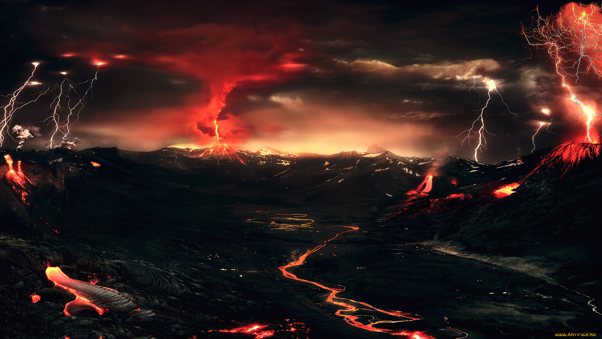 природа, стихия, ночь, горы, лава, вулкан, огни, молния, гроза