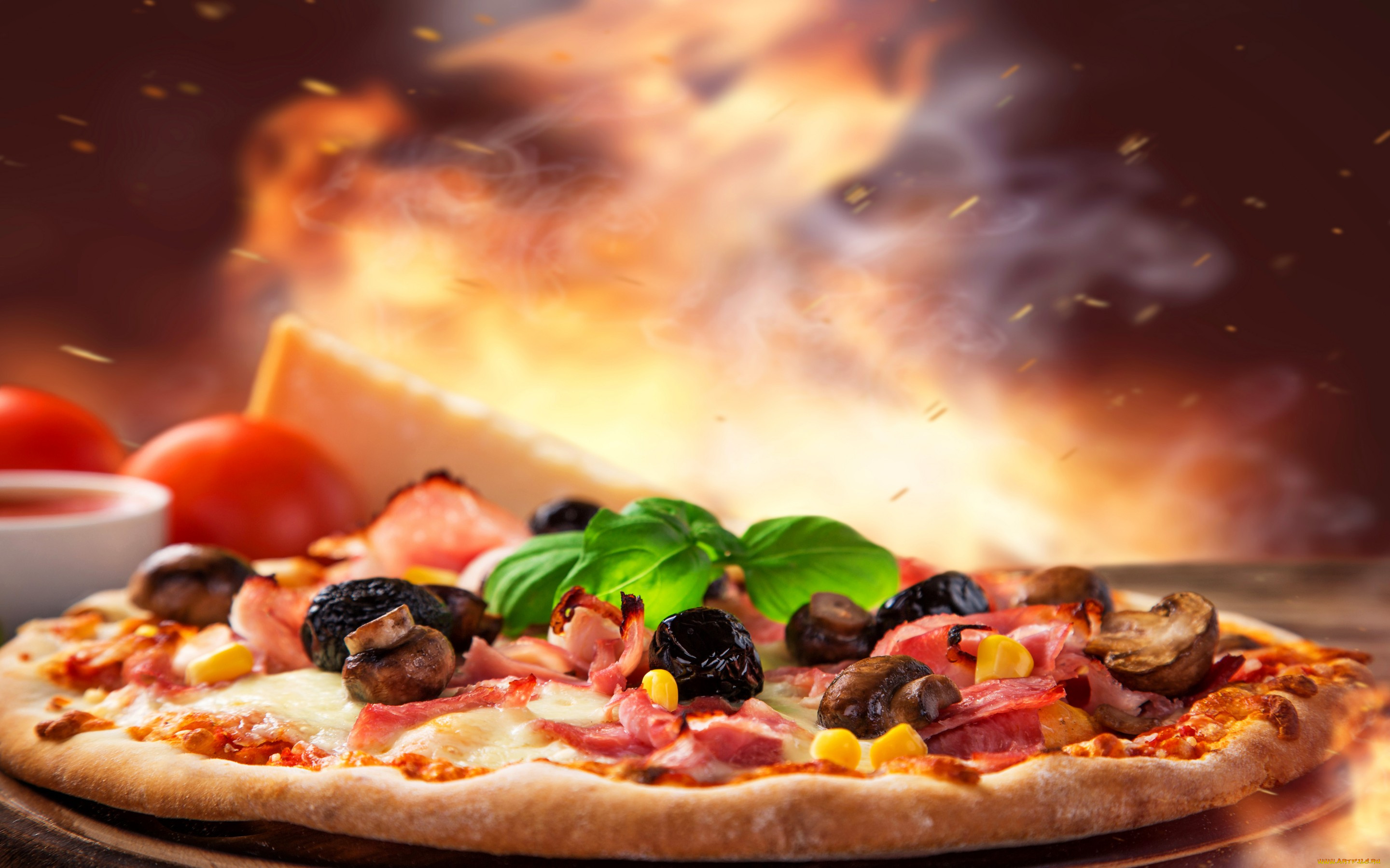 еда, пицца, сыр, pizza, ham, mushrooms, выпечка, грибы, ветчина