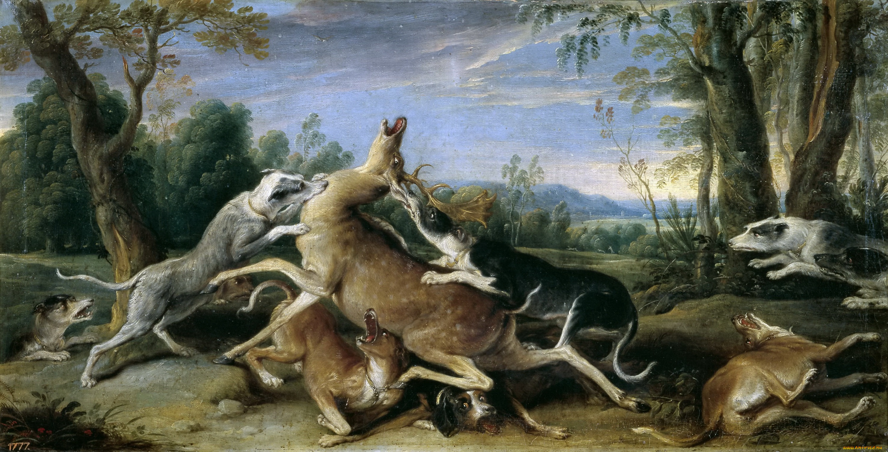 рисованное, живопись, собака, охота, олень, золотой, век