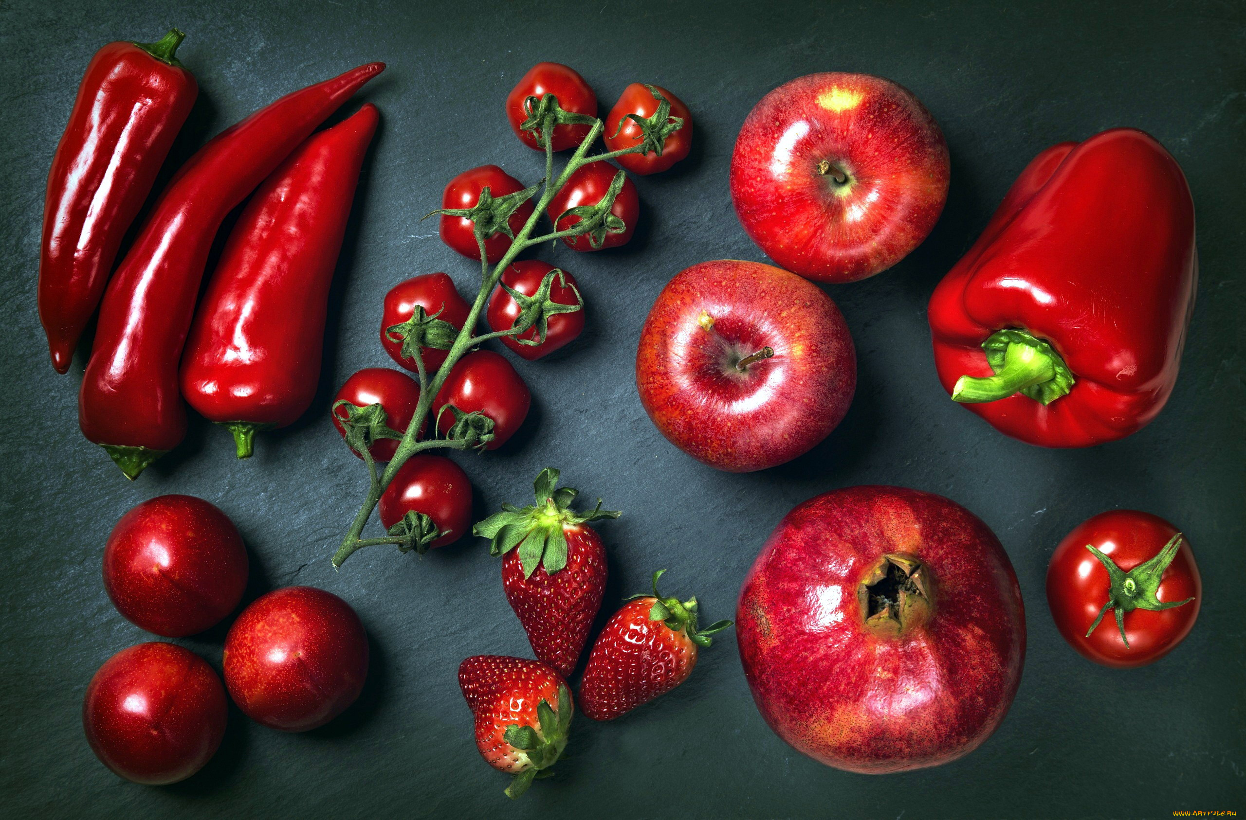 еда, фрукты, и, овощи, вместе, сливы, перец, помидоры, черри, клубника, яблоки, красный