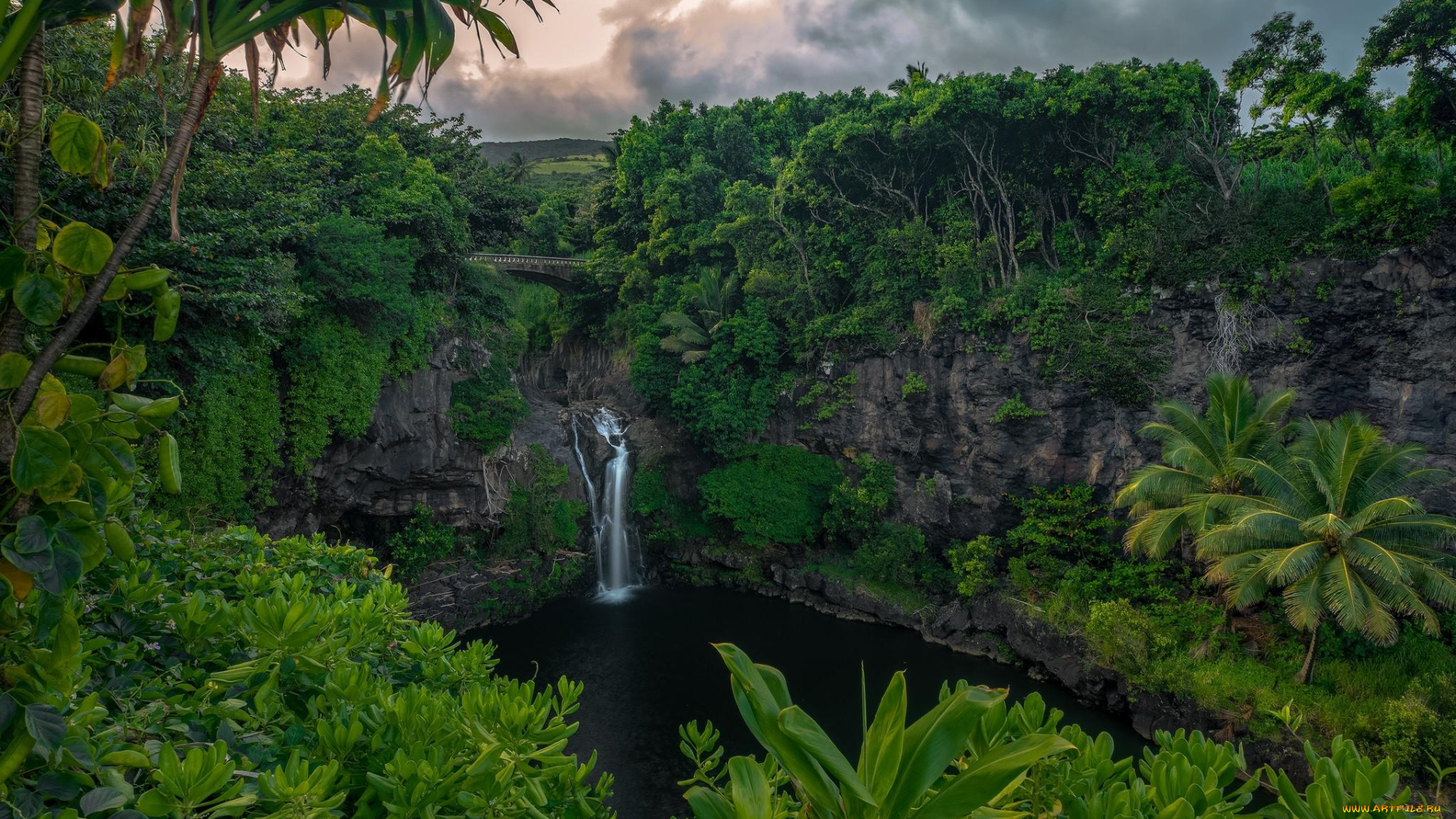 природа, водопады, скалы, водопад, закат, hawaii, maui