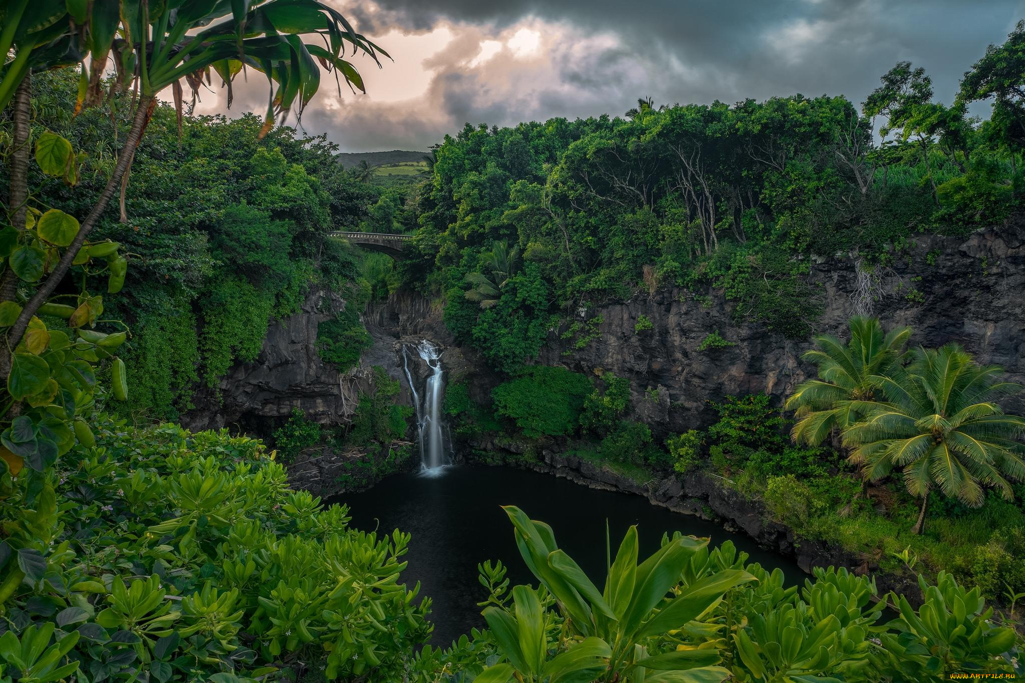 природа, водопады, скалы, водопад, закат, hawaii, maui