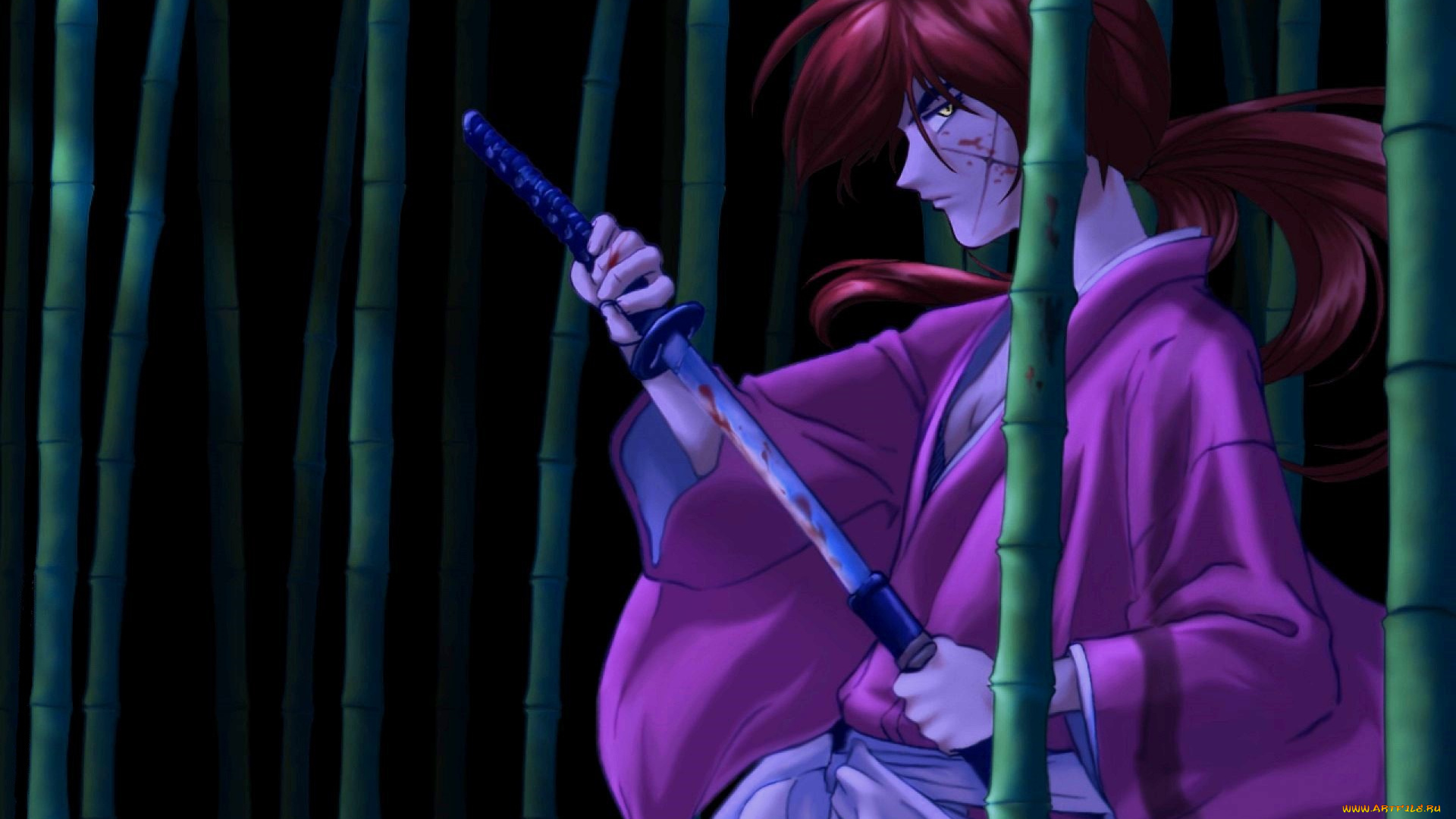 аниме, rurouni, kenshin, парень, самурай, меч, шрам, бамбук