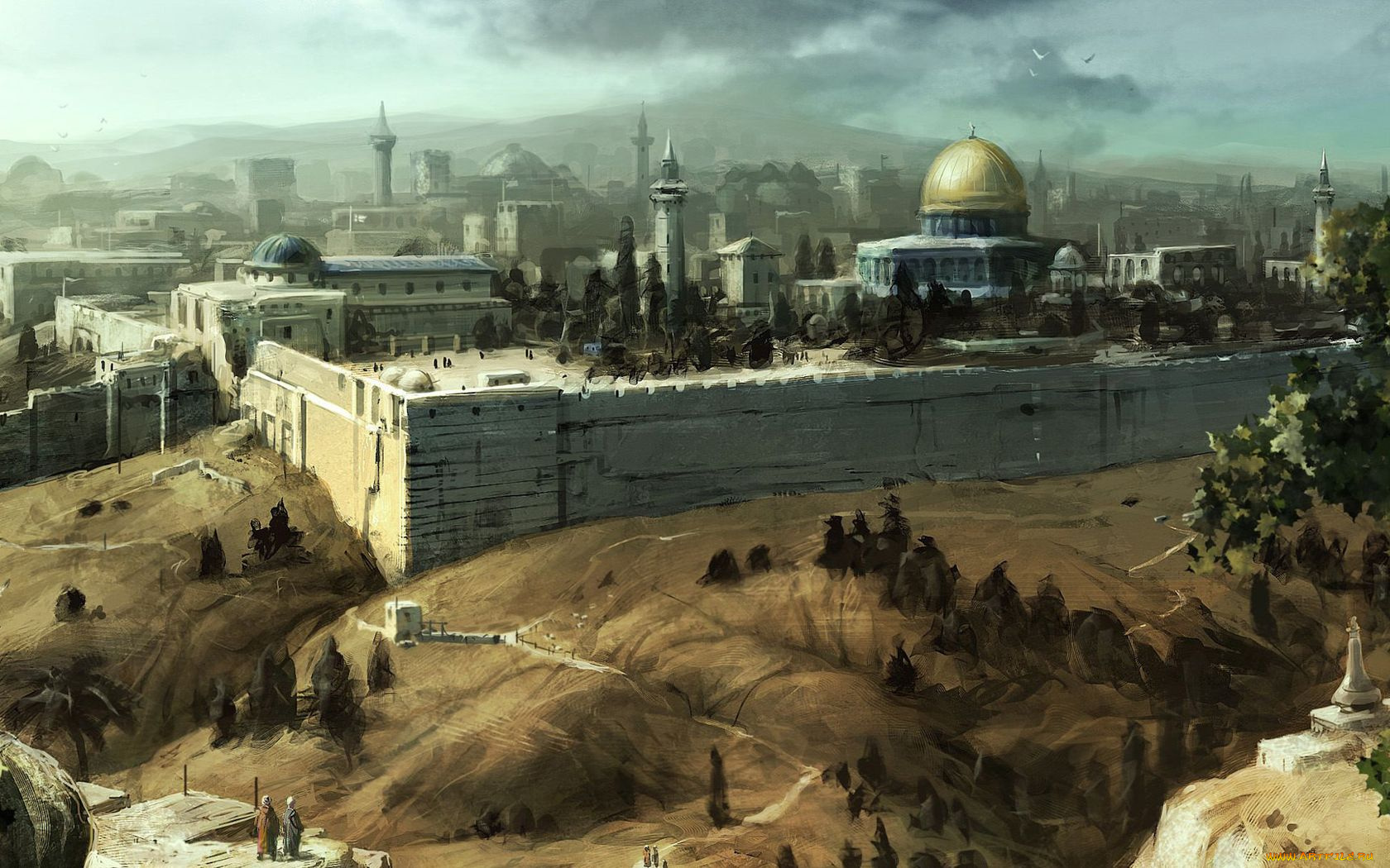 рисованные, иерусалим, стена, крепостная, мечеть