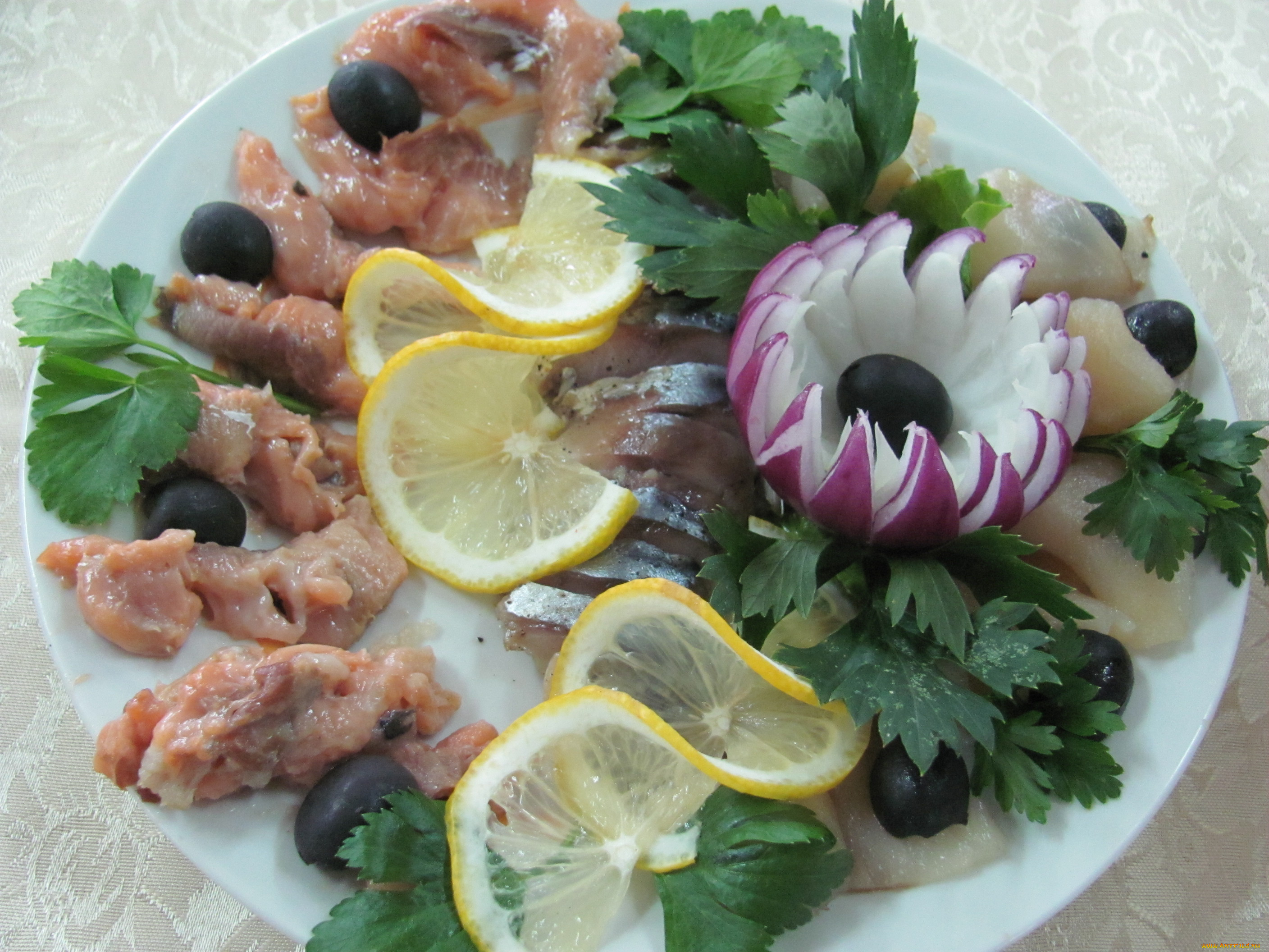еда, рыбные, блюда, морепродуктами, петрушка, рыба, маслины, лимоны