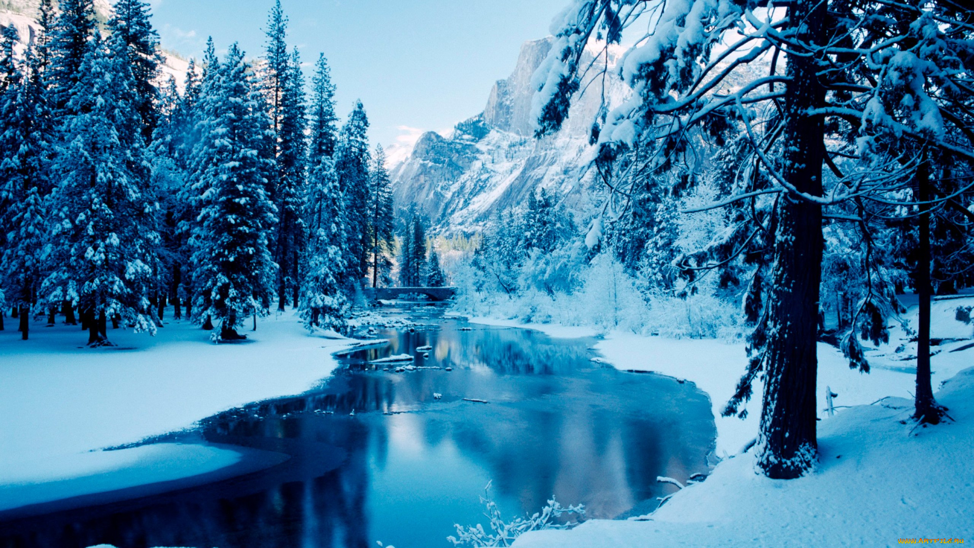 blue, winter, природа, зима, лес, мост, снег, река