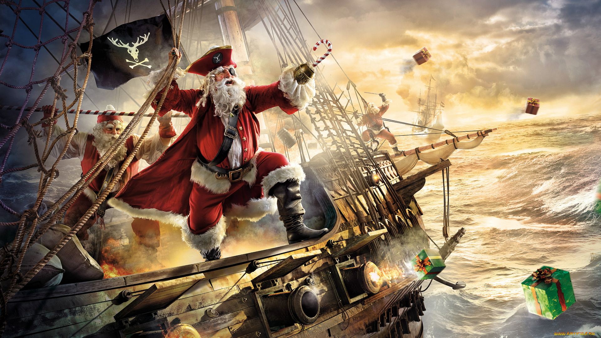 праздничные, дед, мороз, santa, claus, пираты, санта-клаус, фрегат