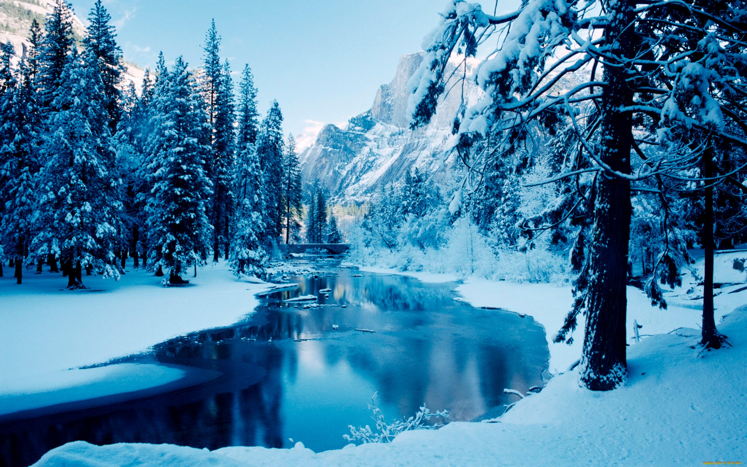 blue, winter, природа, зима, лес, мост, снег, река