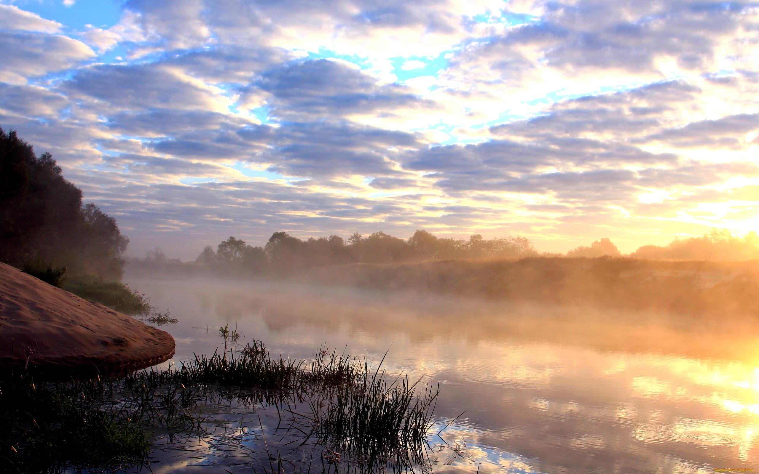 Спокойно ранним утром в глухом. Туманный пейзаж. Утренний пейзаж. Рассвет на озере. Туман на реке.