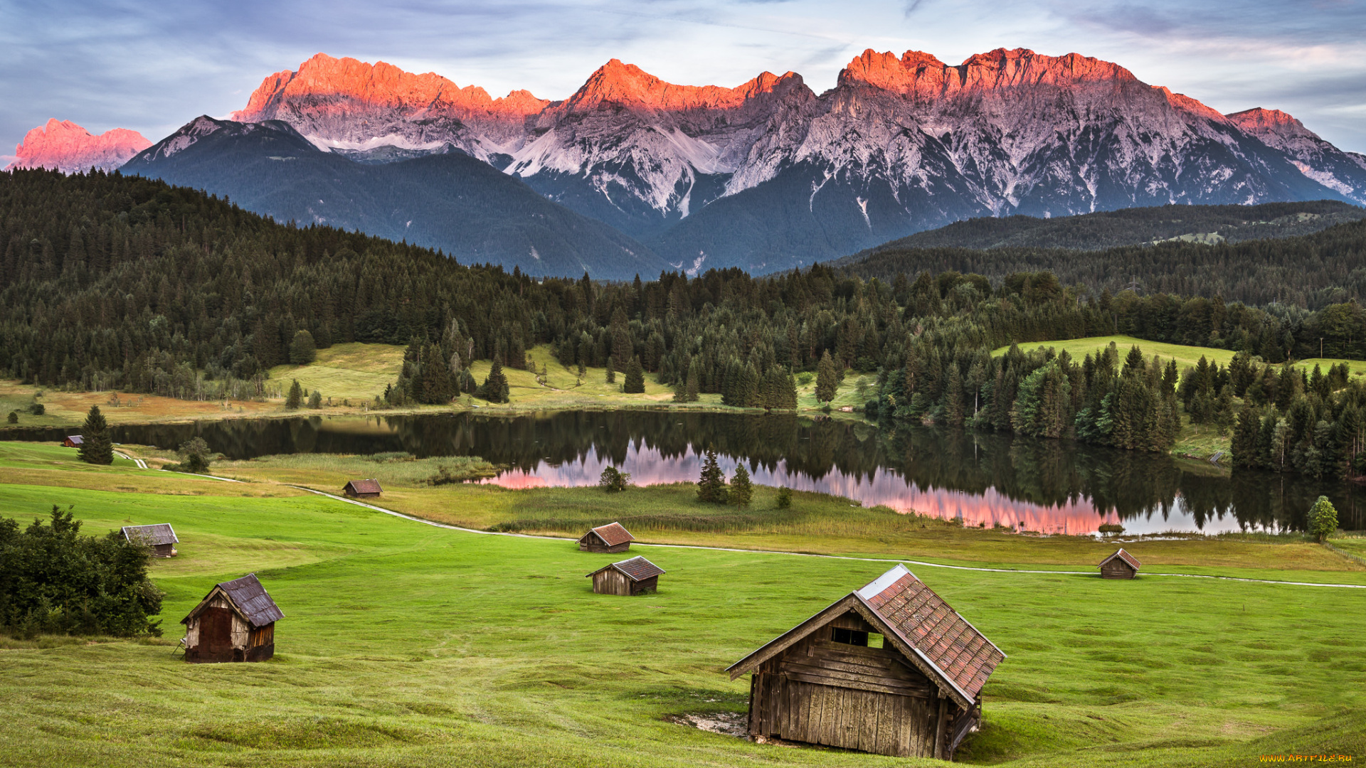 природа, горы, пейзаж, домики, луга