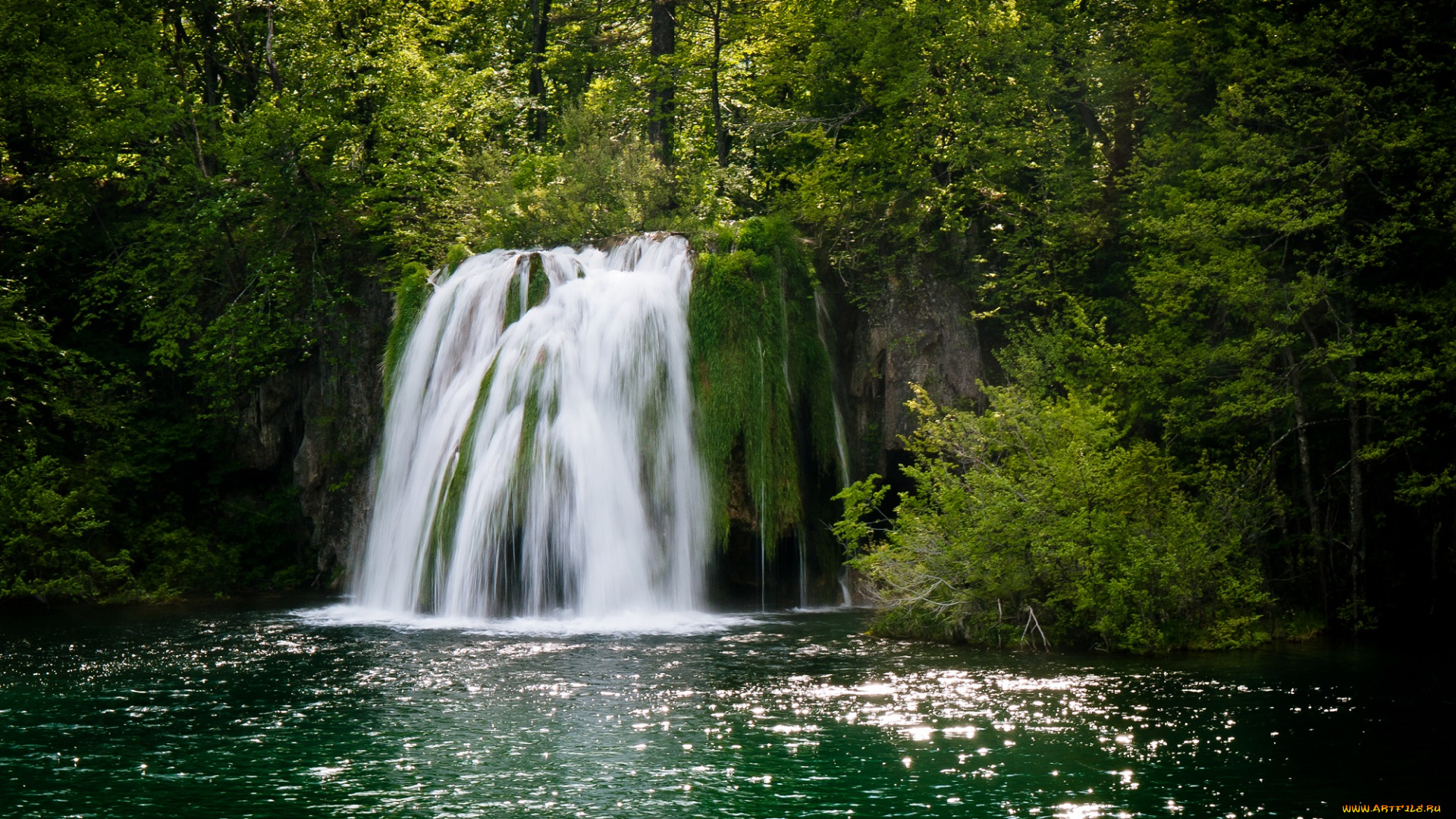 природа, водопады, лес, озеро, водопад