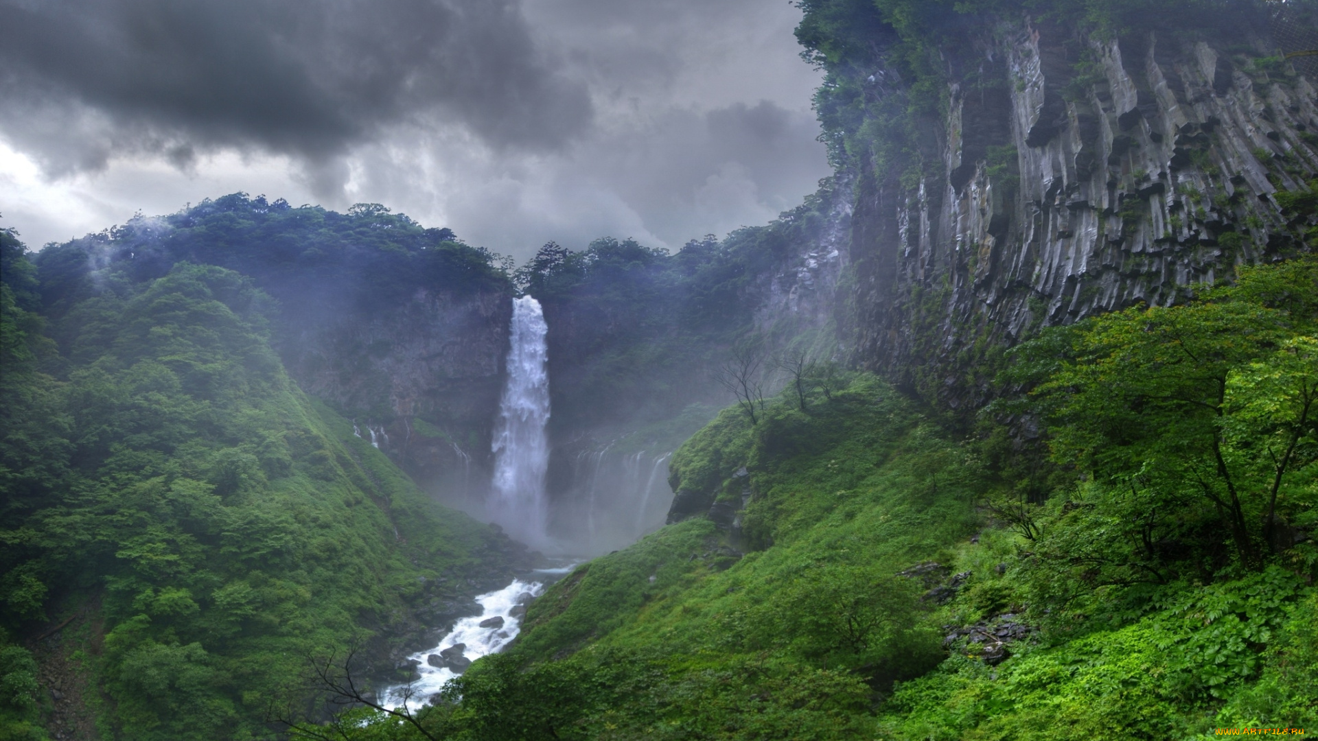 природа, водопады, скалы, джунгли, небо, облака