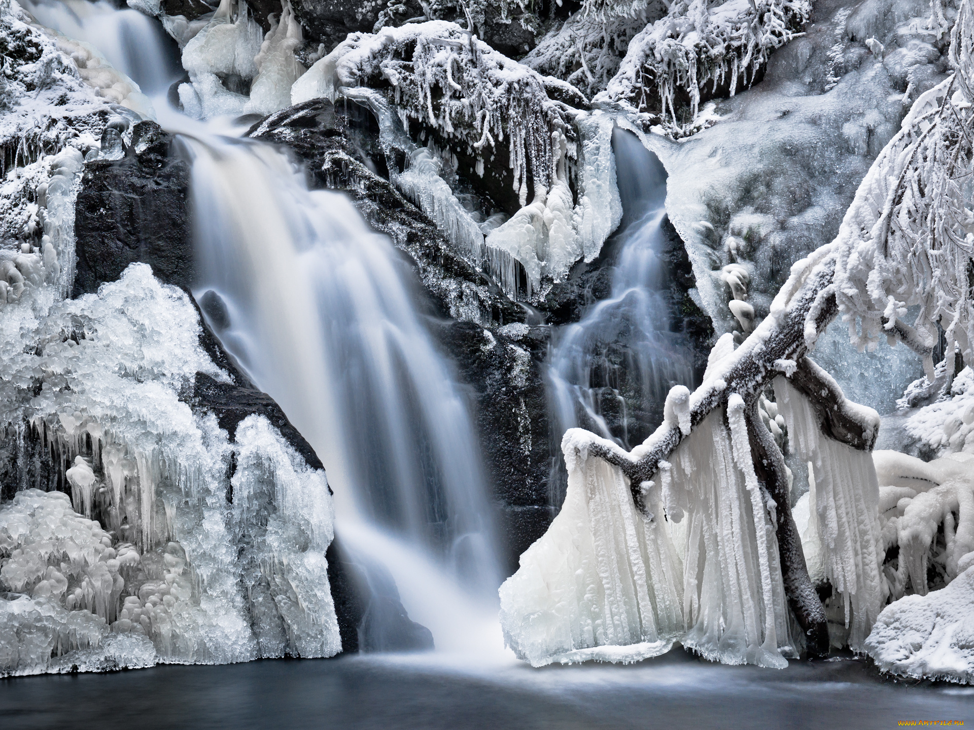 природа, зима, водопад