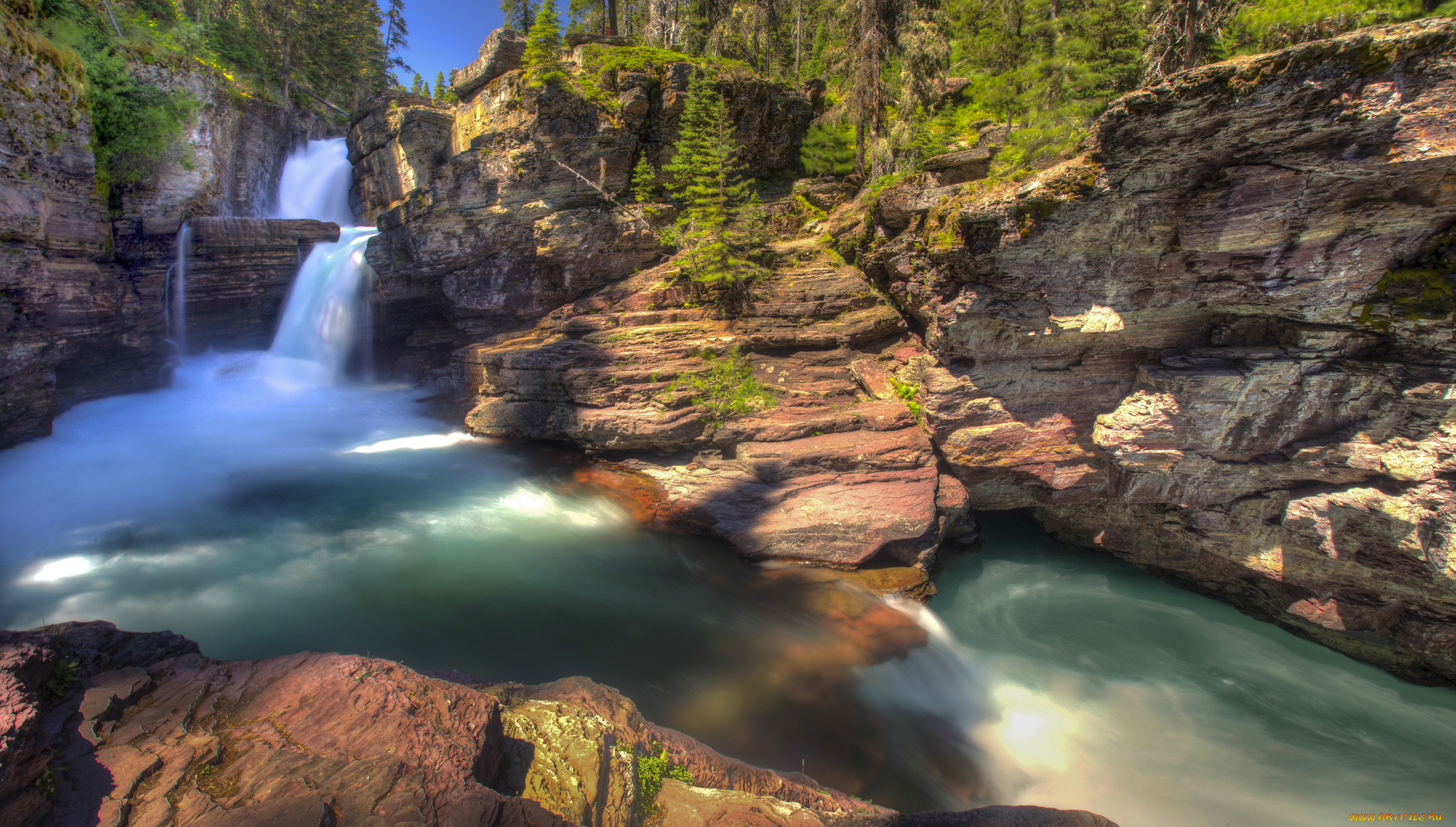 природа, водопады, st, mary, falls, парк, водопад, montana, glacier, national, park, лес