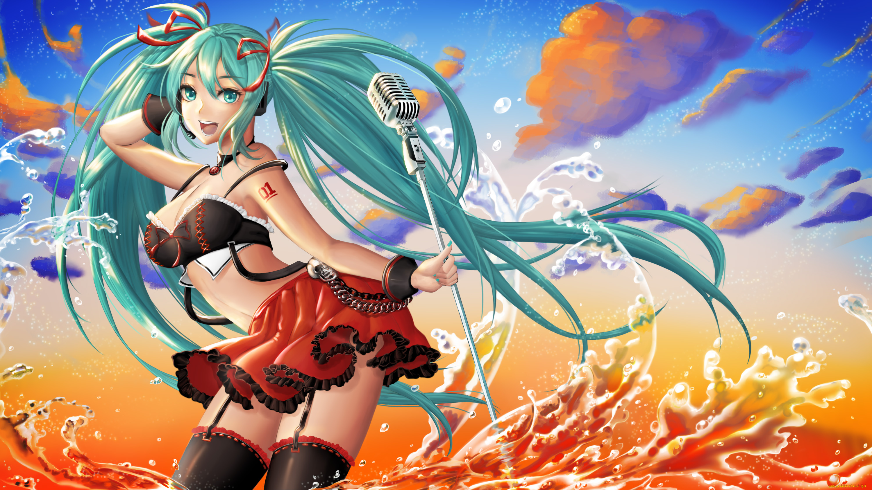 аниме, vocaloid, микрофон, улыбка, фон, взгляд, hatsune, miku