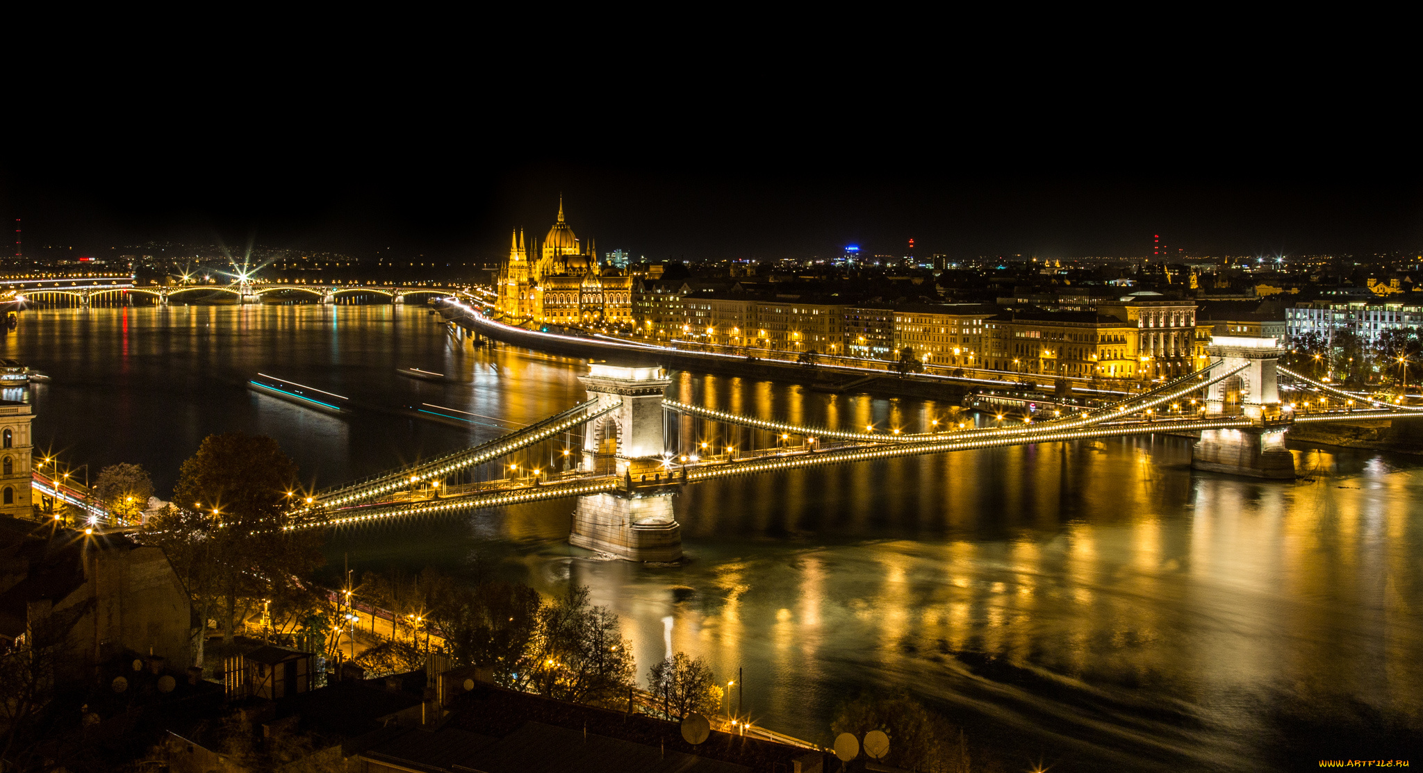 budapest, , chain, bridge, &, hungarian, parliament, города, будапешт, , венгрия, ночь, мост, река, огни