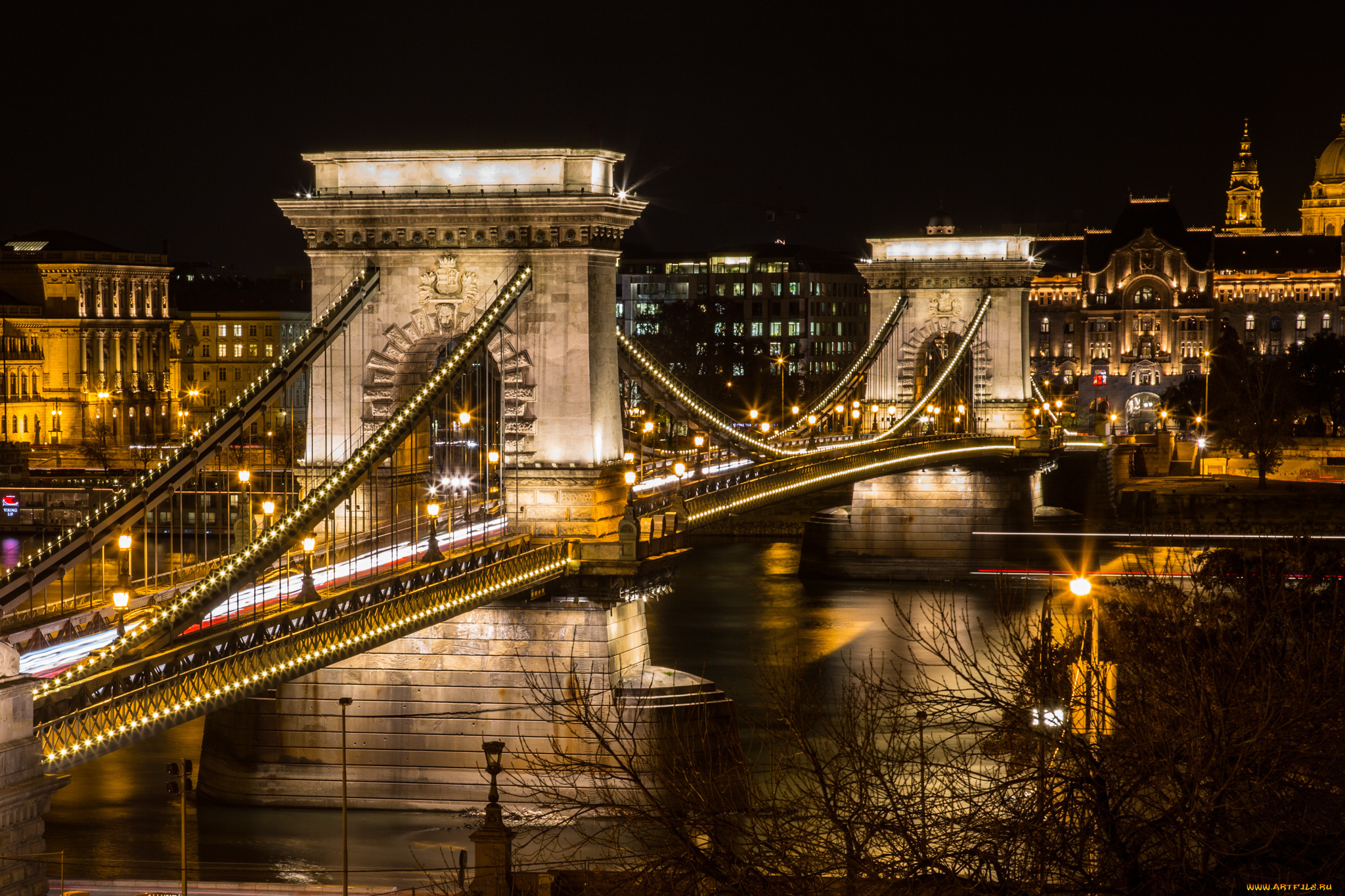 budapest, , chain, bridge, города, будапешт, , венгрия, огни, река, мост, ночь