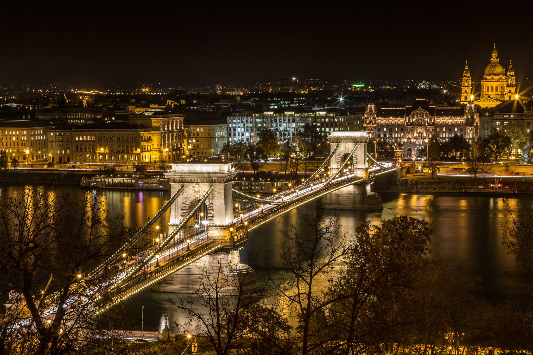 budapest, , chain, bridge, города, будапешт, , венгрия, огни, река, мост, ночь