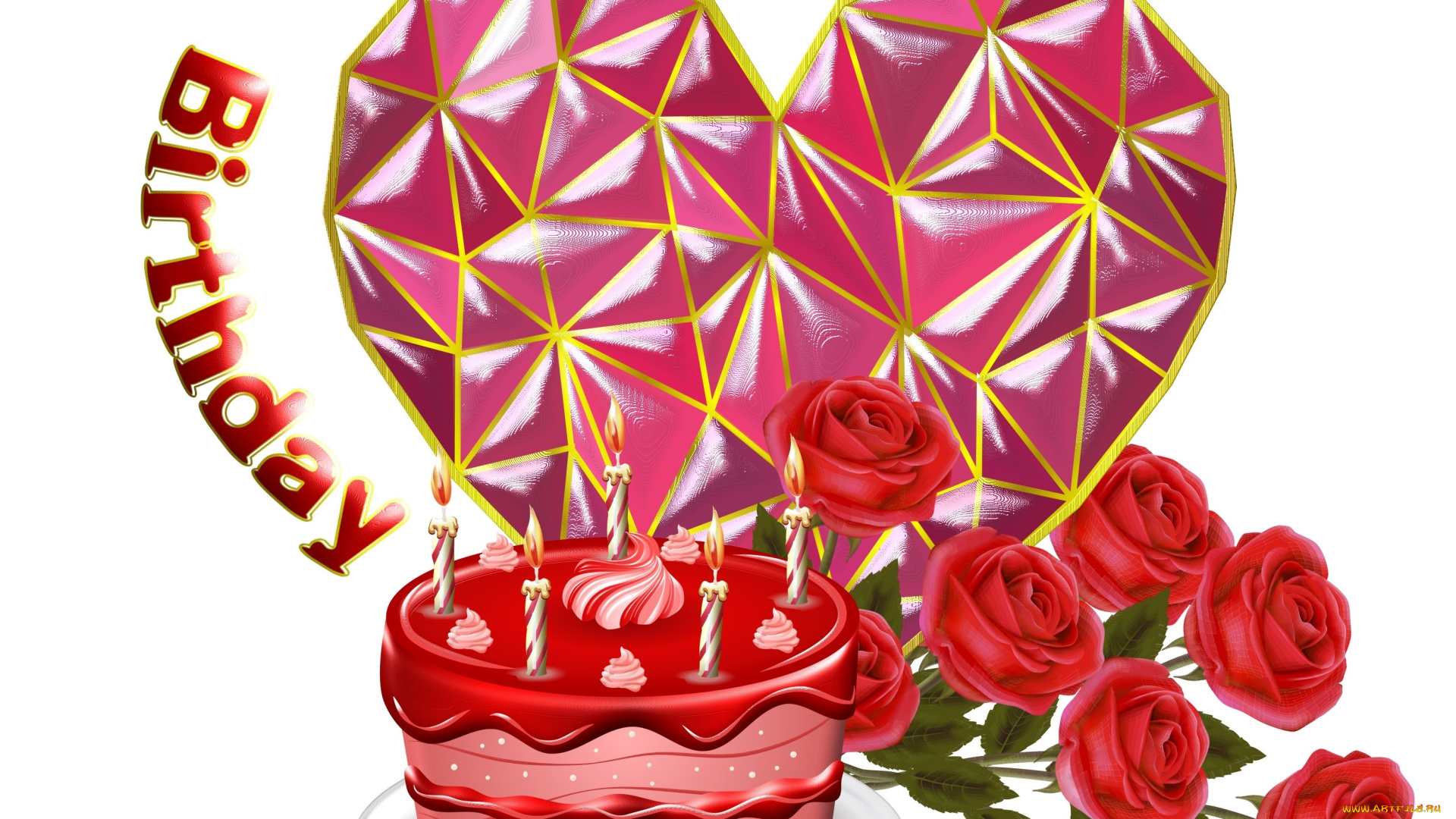 праздничные, день, рождения, сердечко, фон, цветы, торт