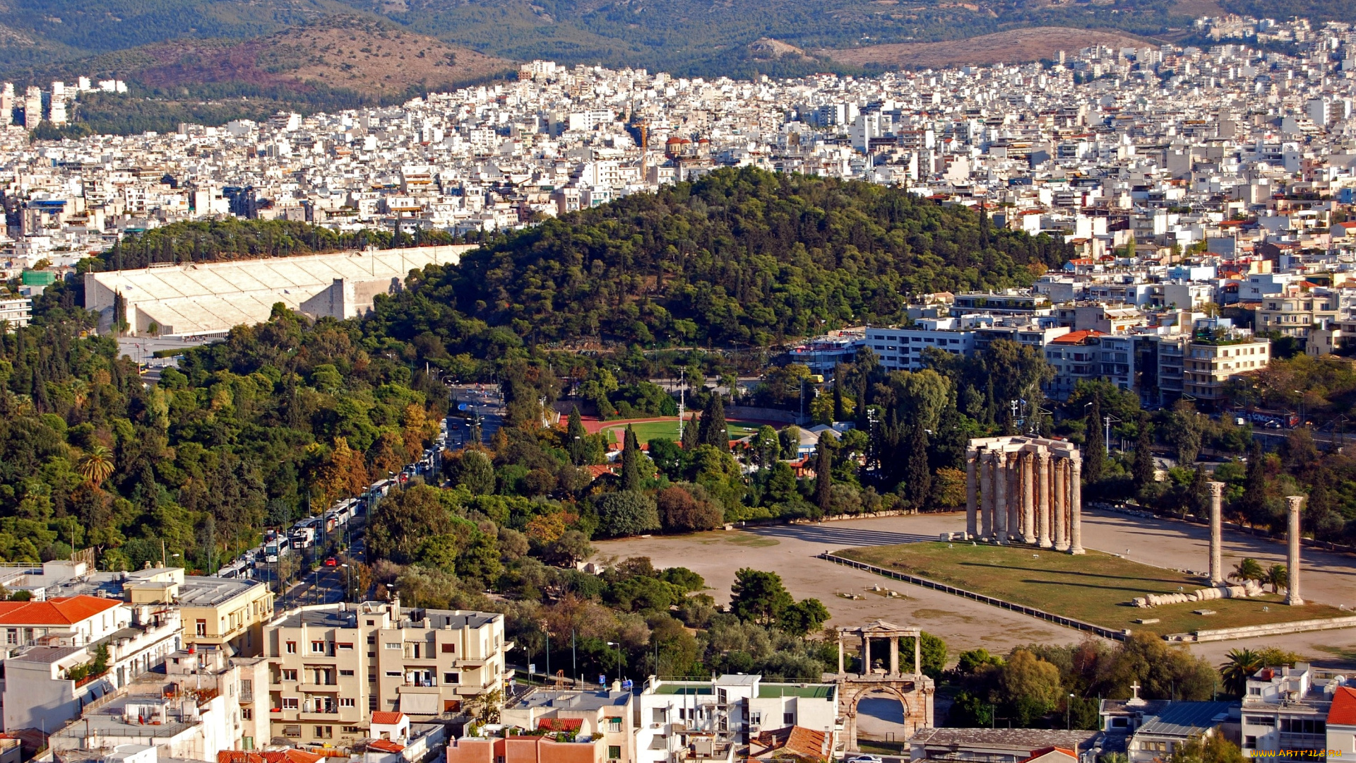 афины, греция, города, дома, холм, колонны