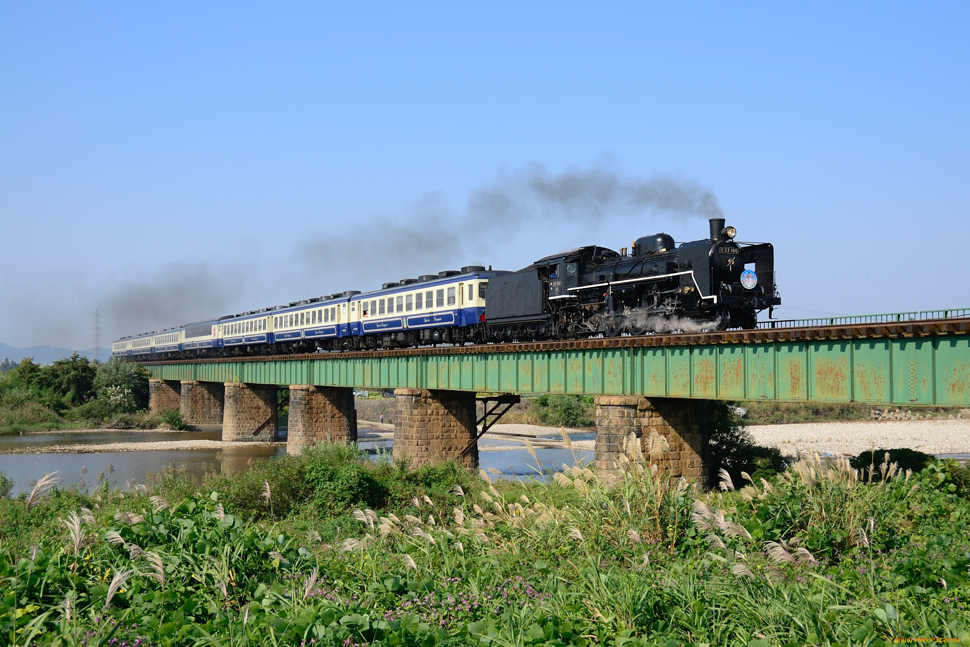 техника, паровозы, мост, река, вагоны