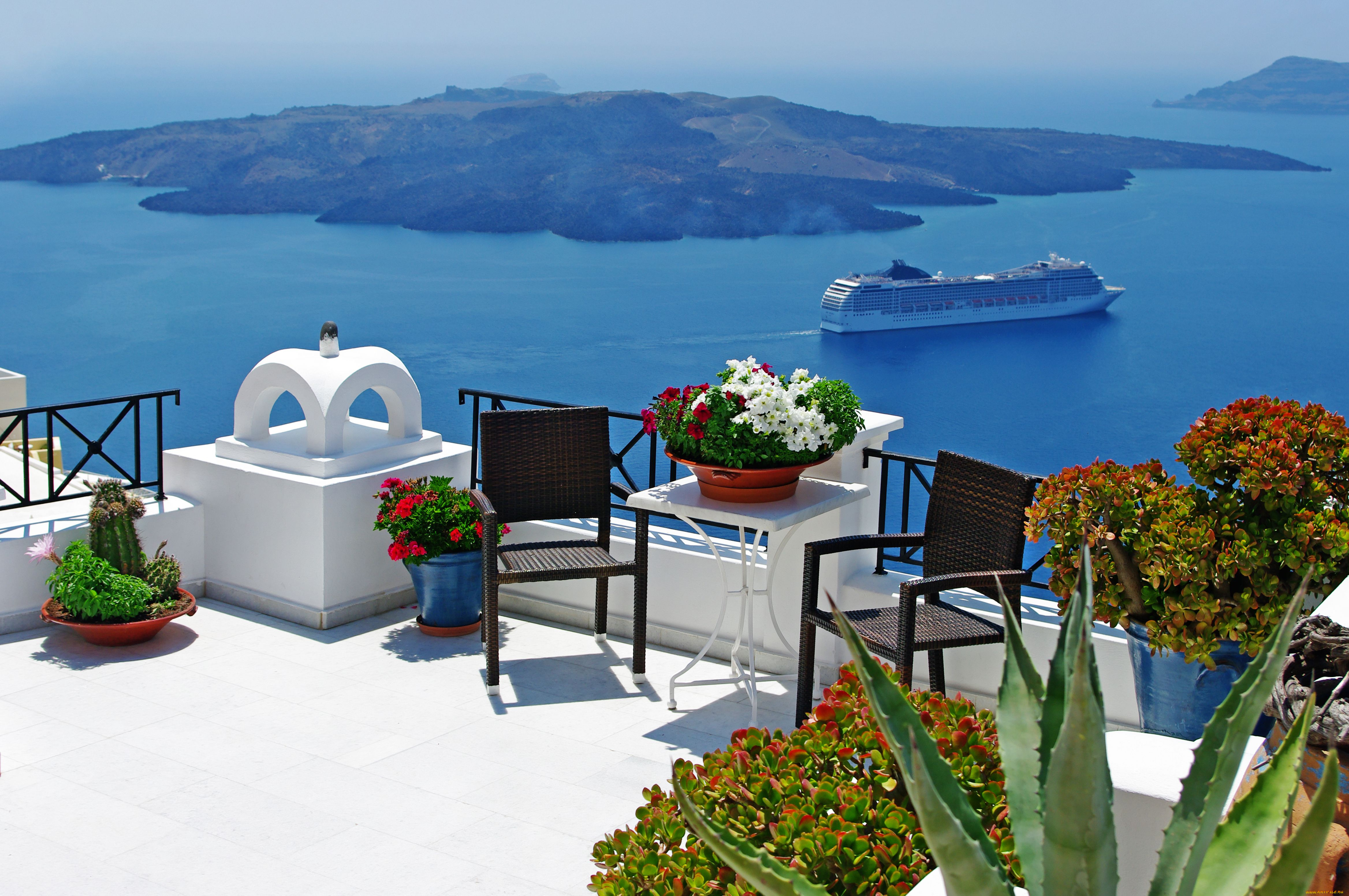 santorini, greece, интерьер, веранды, террасы, балконы, греция, море, лайнер, цветы, панорама, санторини