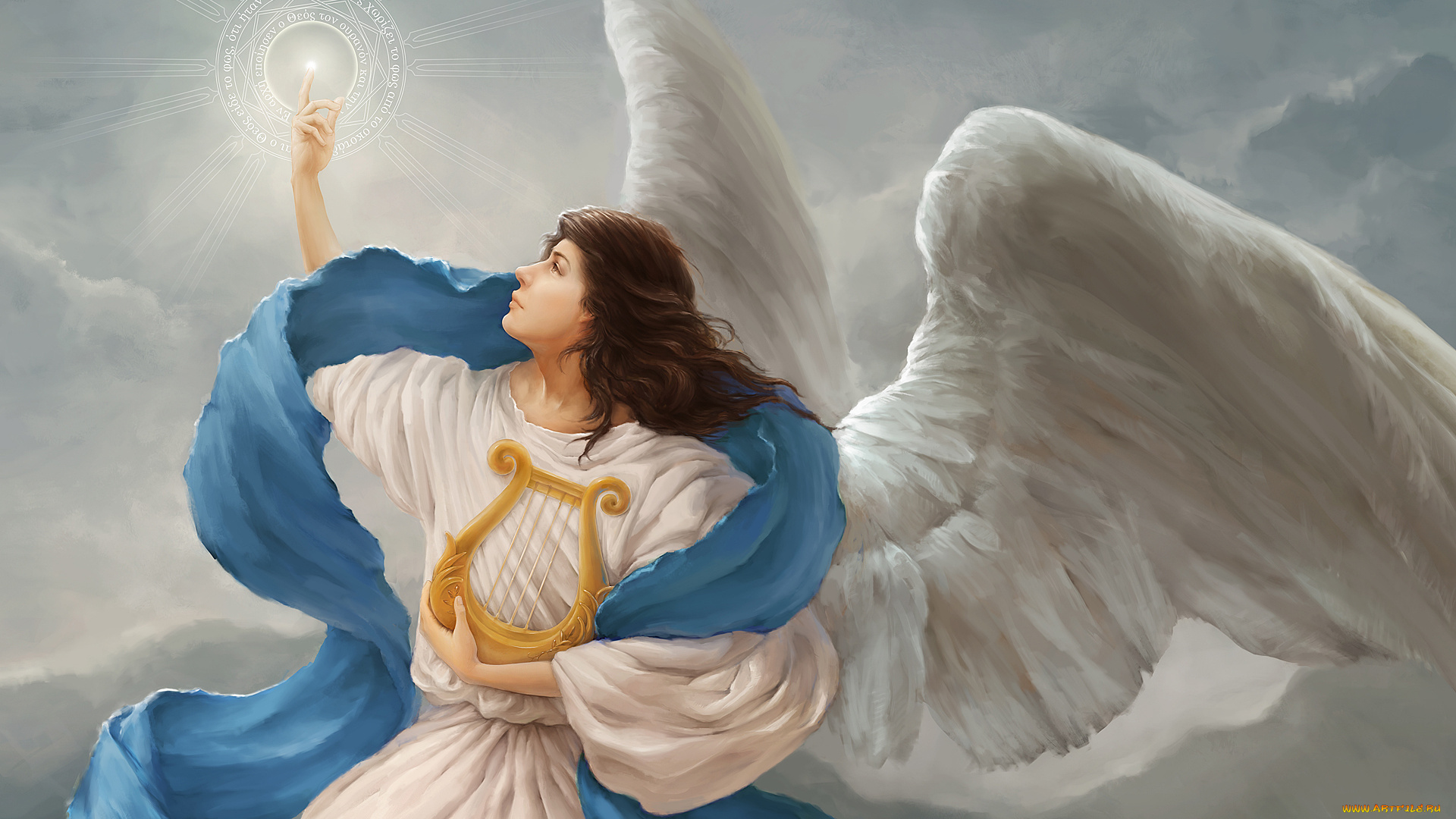 фэнтези, ангелы, облака, свет, арфа, крылья, ангел, символ