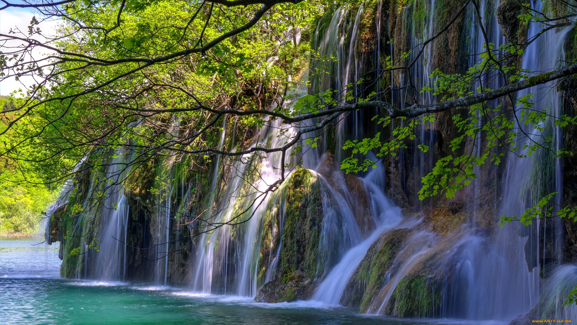 природа, водопады, озеро, деревья, водопад, поток, скала