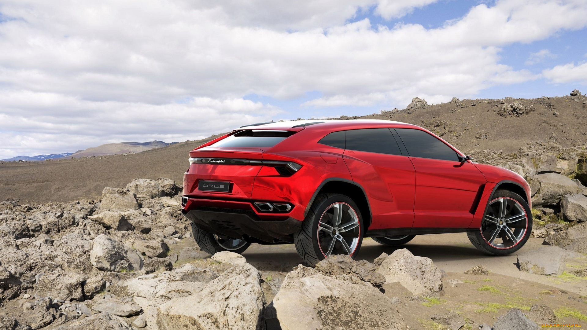 автомобили, lamborghini, urus, облака, ламборгини, камни, красный