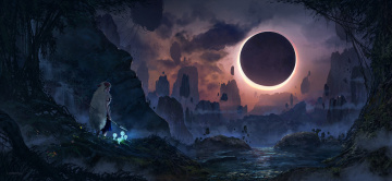 Картинка аниме mononoke+hime пейзаж река скалы затмение девушка ночь mononoke hime princess луна принцесса мононоке горы духи камни