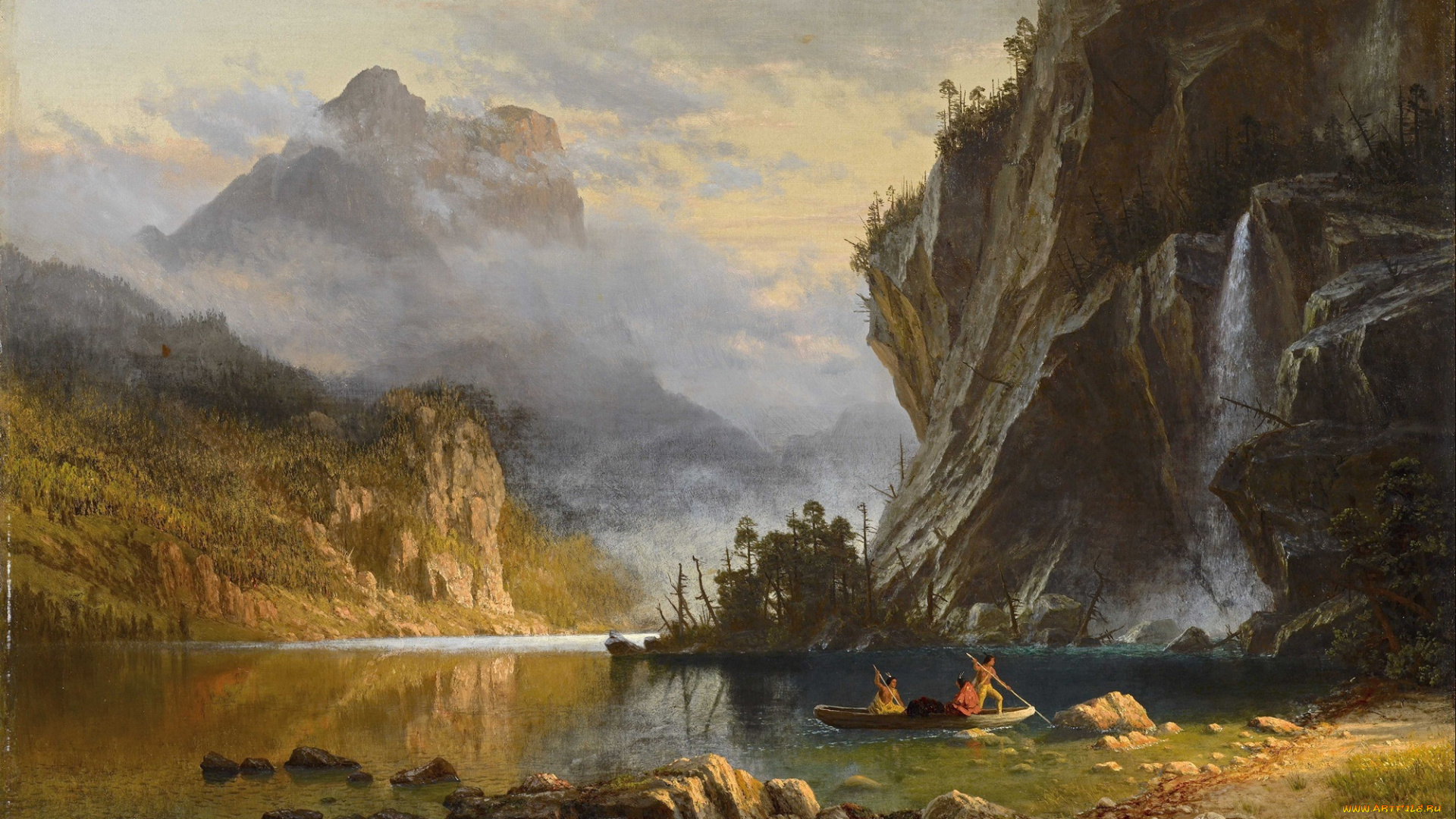 рисованное, живопись, пейзаж, природа, albert, bierstadt, арт, indians, spear, fishing, альберт, бирштадт