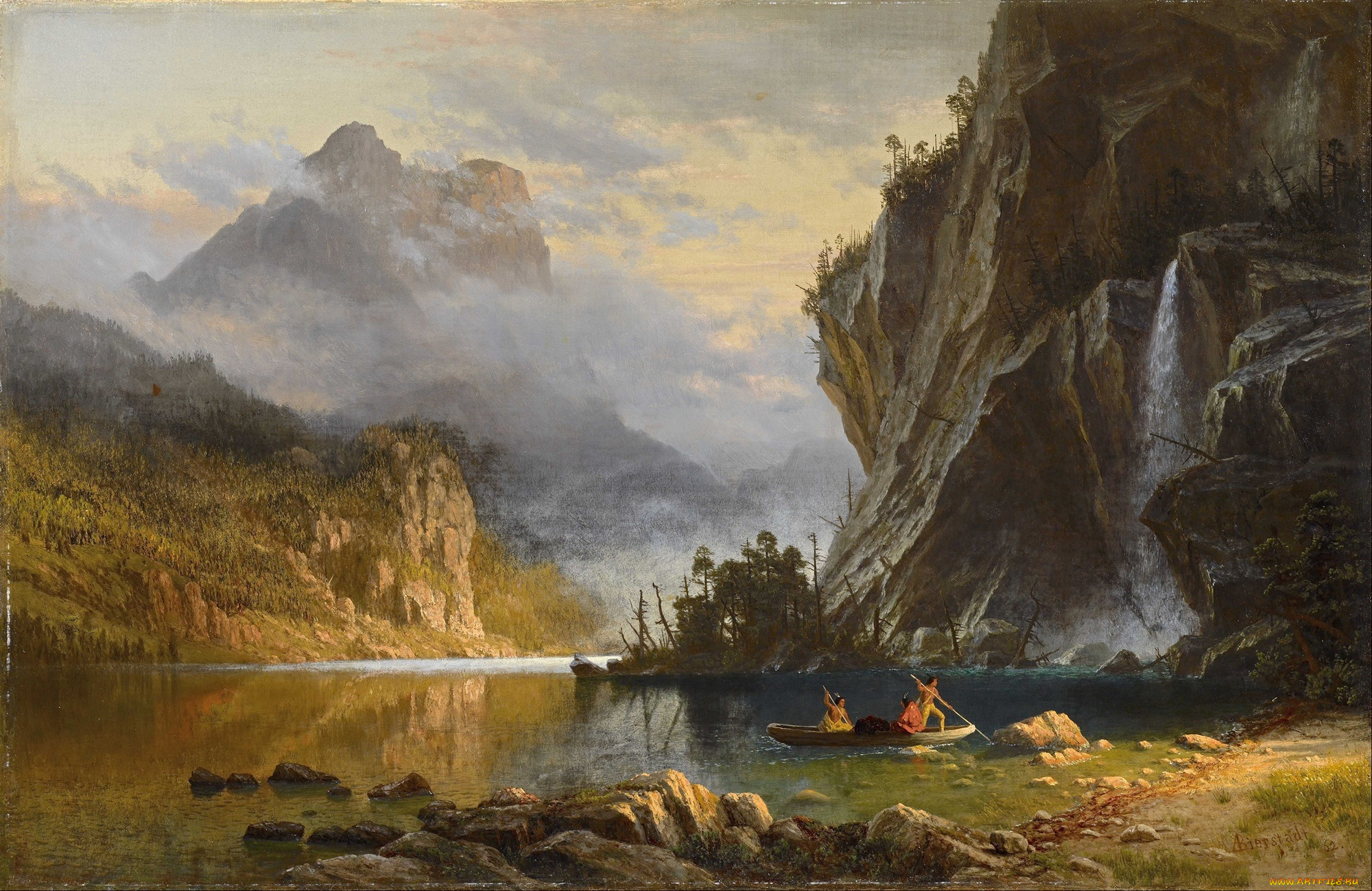 рисованное, живопись, пейзаж, природа, albert, bierstadt, арт, indians, spear, fishing, альберт, бирштадт