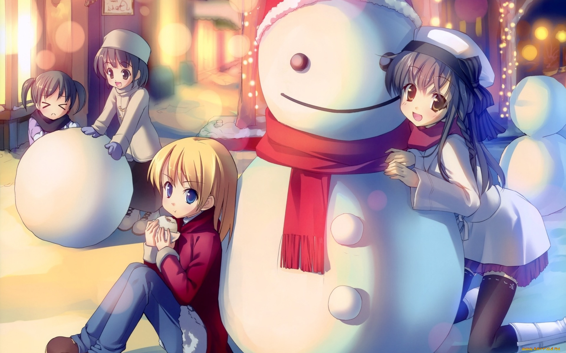 аниме, merry, chrismas, winter, девушки, снеговик