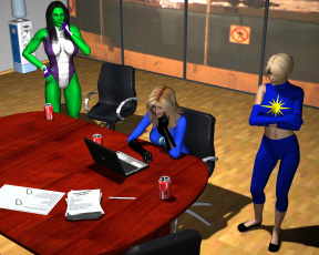 Картинка 3д графика fantasy фантазия девушки существо стол бумаги ноутбук