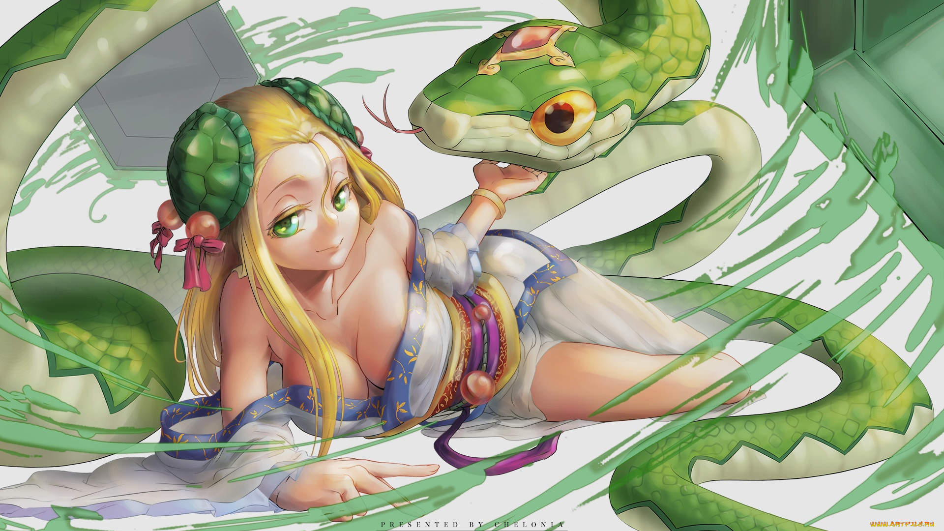 аниме, -animals, &, creatures, блондинка, взгляд, змея, dragons, meimei, puzzle, chelonia, арт, девушка