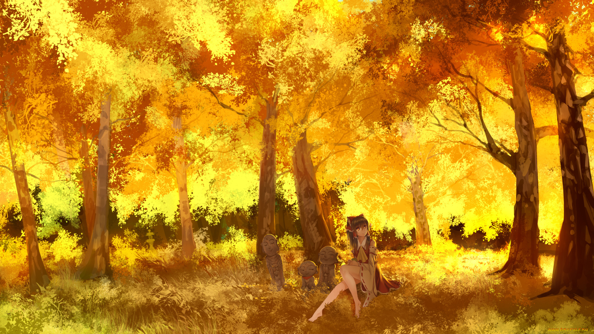 аниме, touhou, деревья, золотой, лес, тоухоу, девушка, осень, madcocoon, reimu, hakurei, статуи