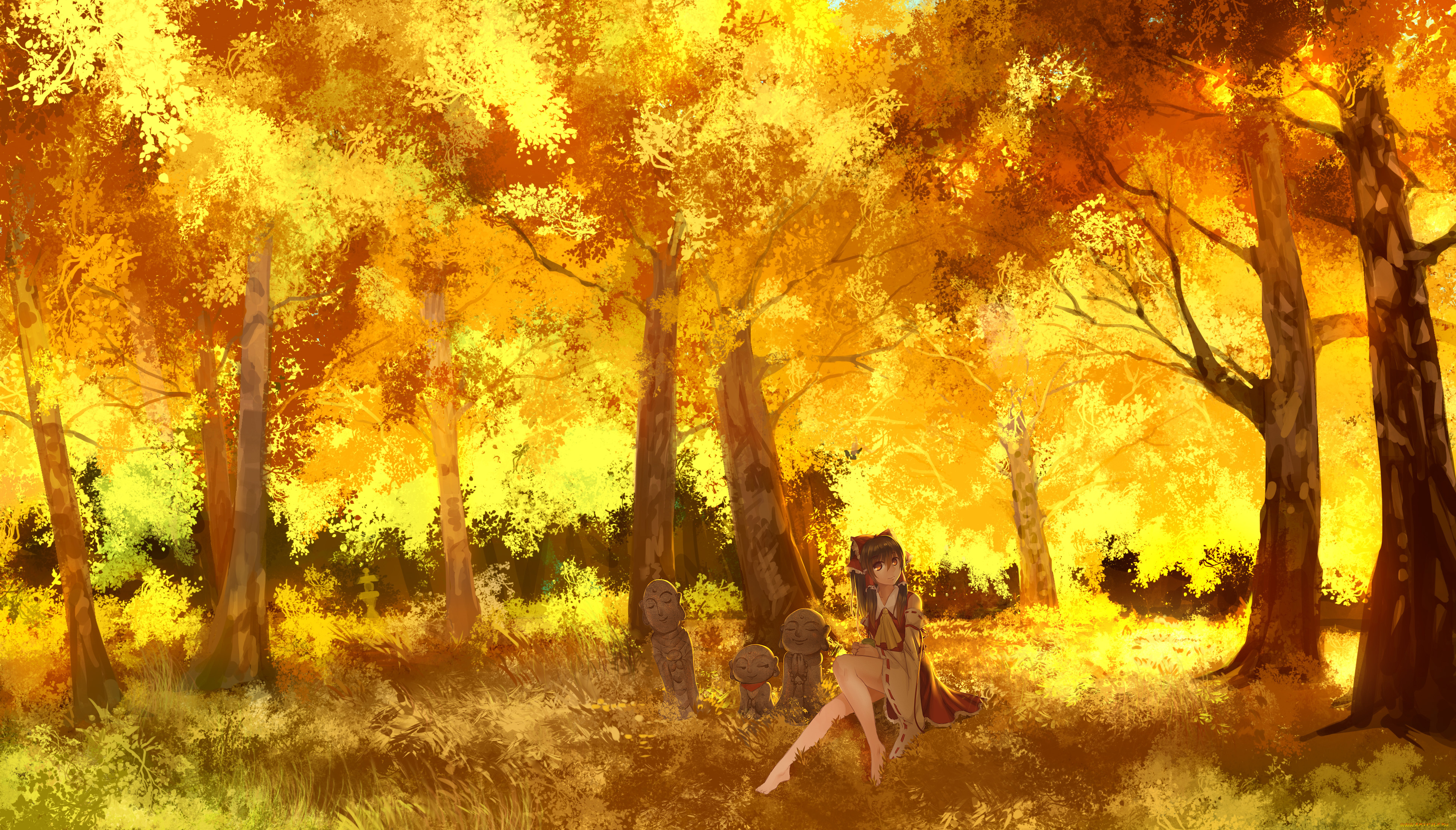 аниме, touhou, деревья, золотой, лес, тоухоу, девушка, осень, madcocoon, reimu, hakurei, статуи