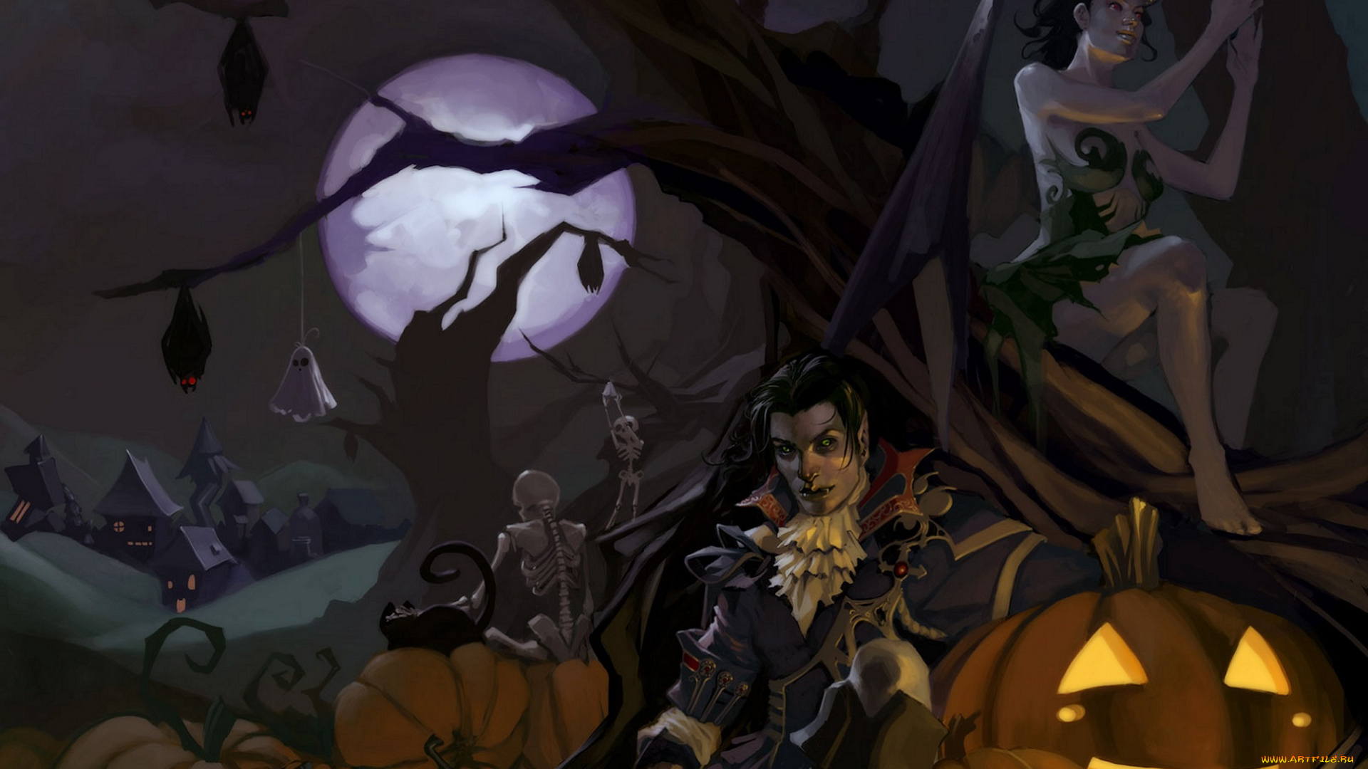 праздничные, хэллоуин, дерево, ночь, скелеты, демонесса, демон, деревня, кошка, летучие, мыши, вампир, halloween, арт, луна, тыквы
