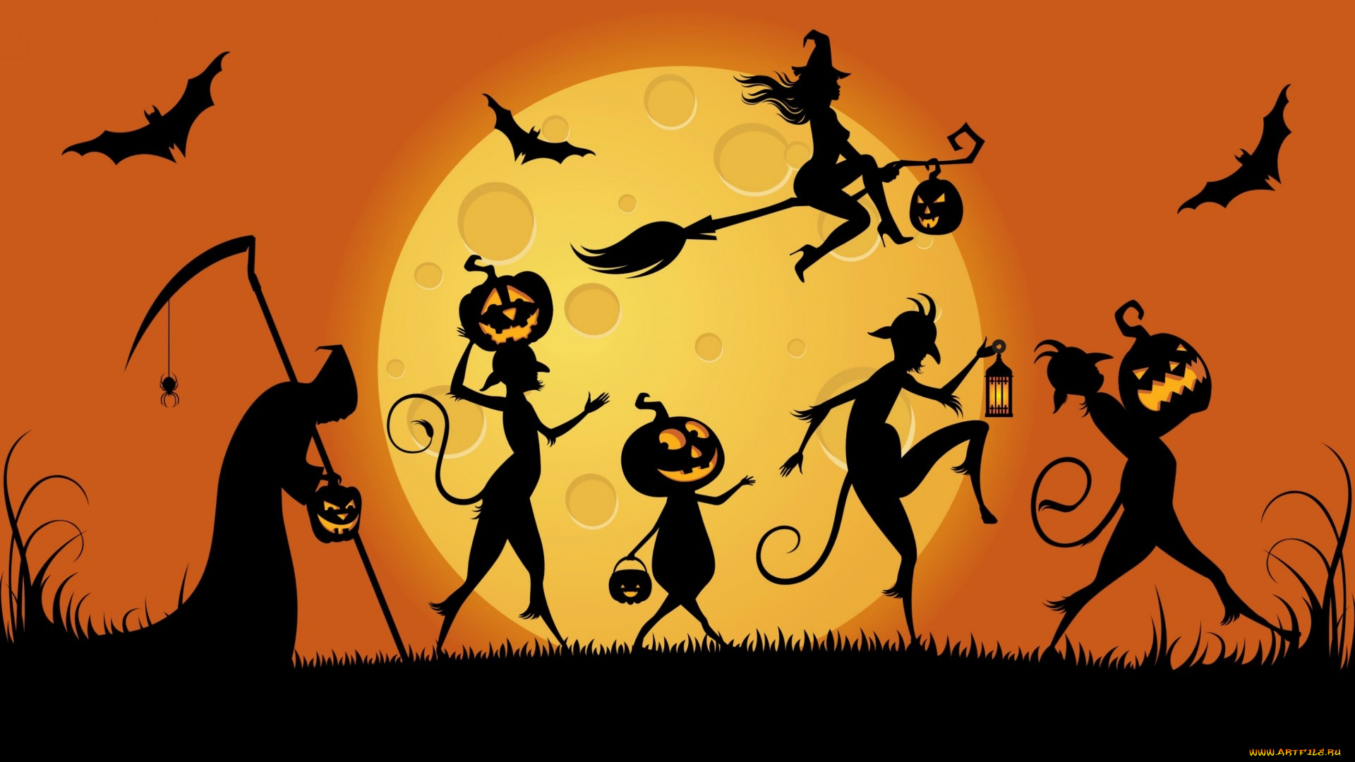 праздничные, хэллоуин, тыквы, летучие, мыши, ведьма, луна