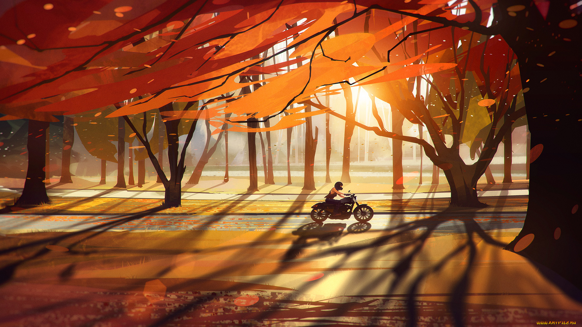 рисованное, природа, дорога, деревья, девушка, байк, мотоцикл, листья, лес, осень