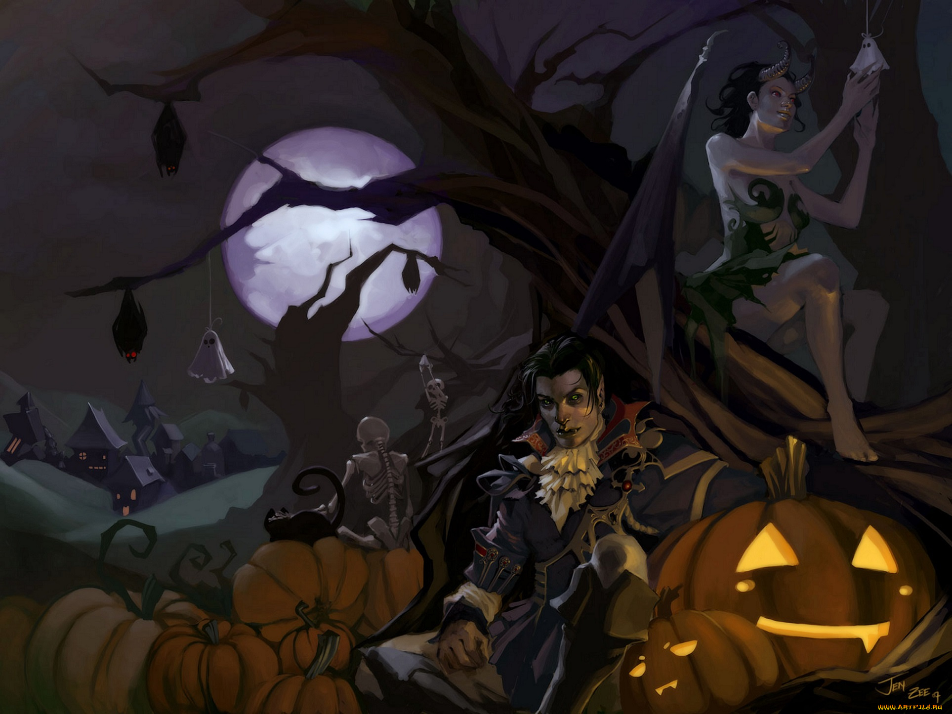 праздничные, хэллоуин, дерево, ночь, скелеты, демонесса, демон, деревня, кошка, летучие, мыши, вампир, halloween, арт, луна, тыквы
