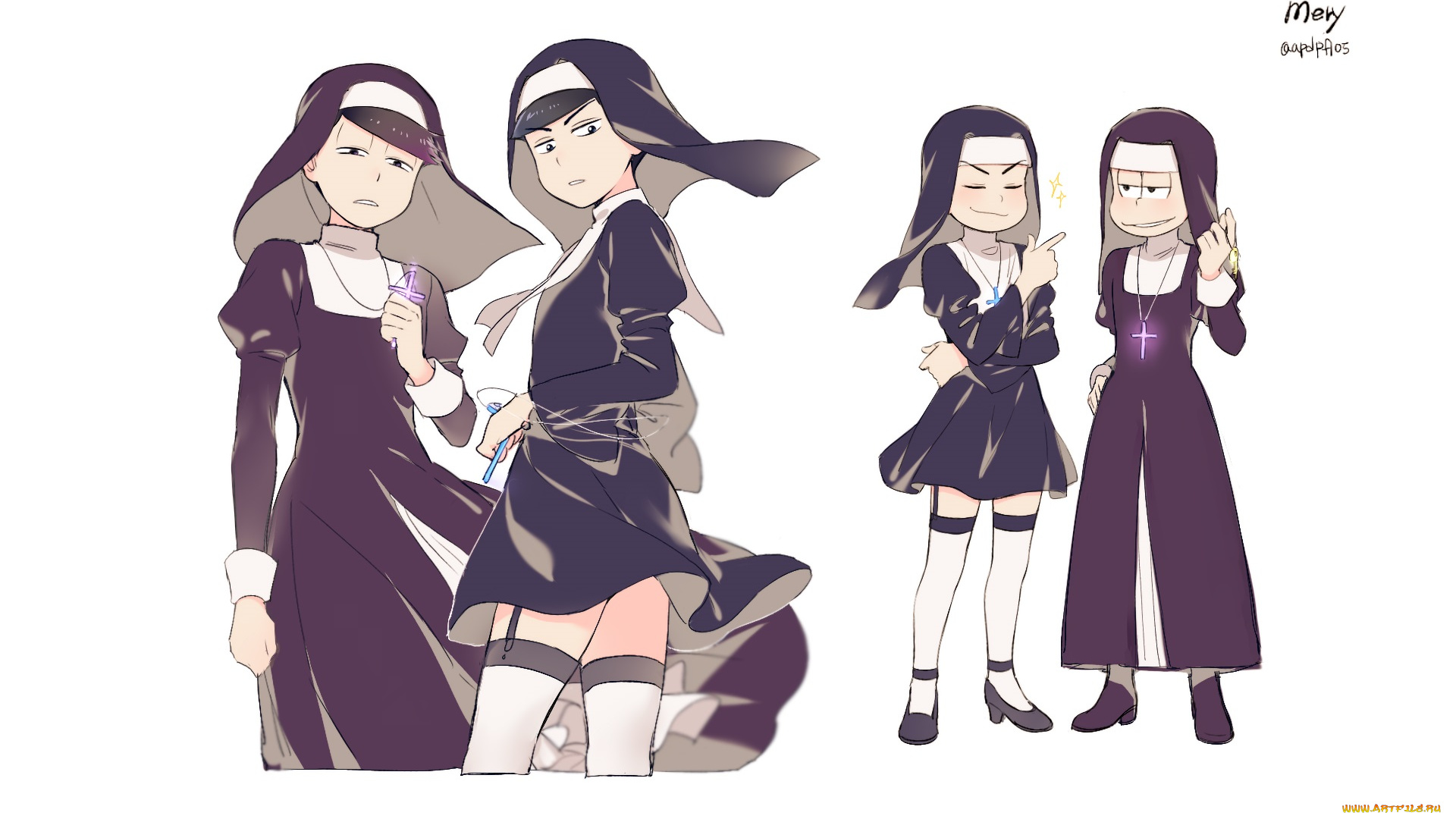 аниме, osomatsu-san, монахини
