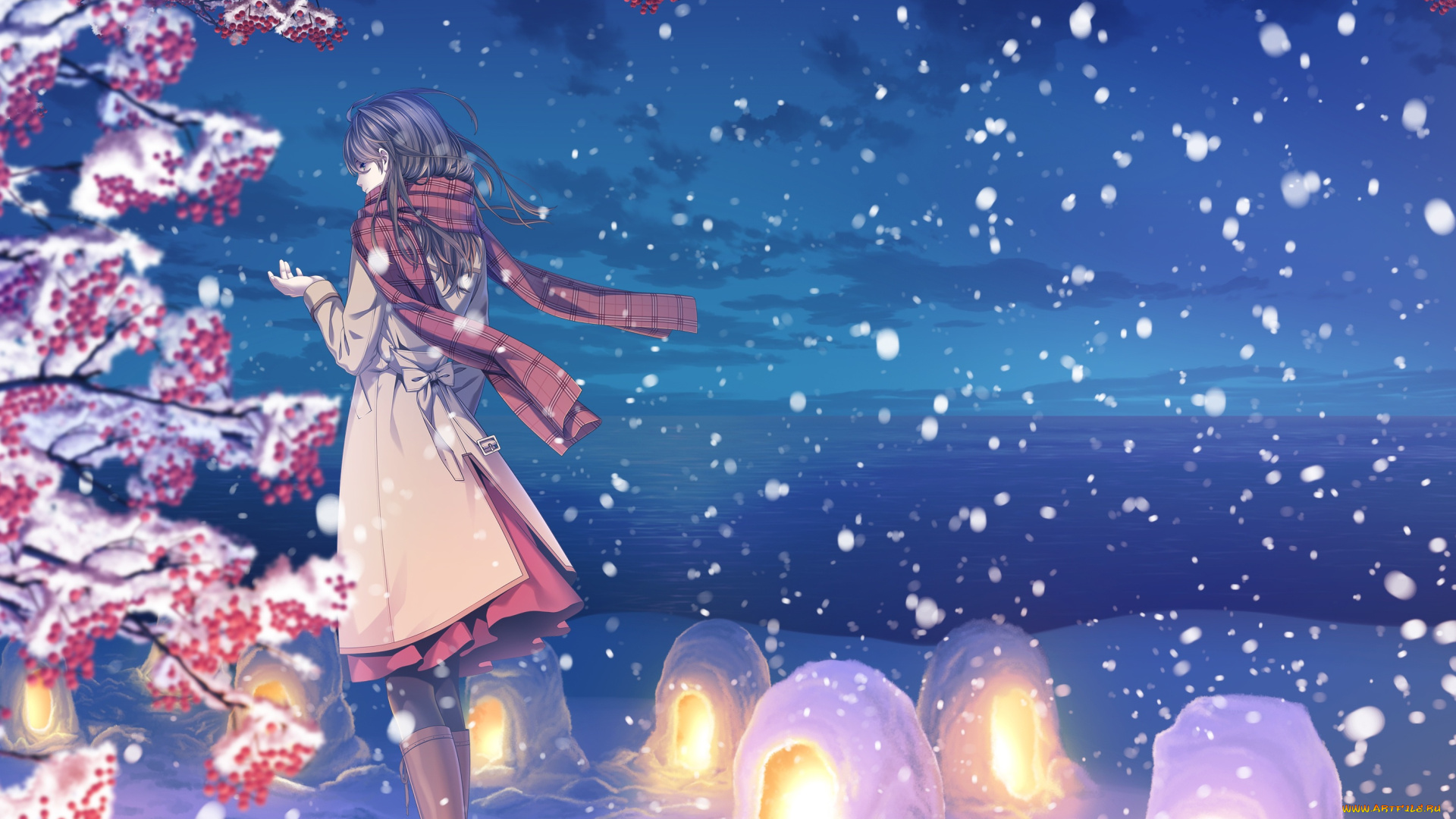 аниме, зима, , новый, год, , рождество, девушка, шарф, фонарики, облака, небо, снег, арт, природа, yuca